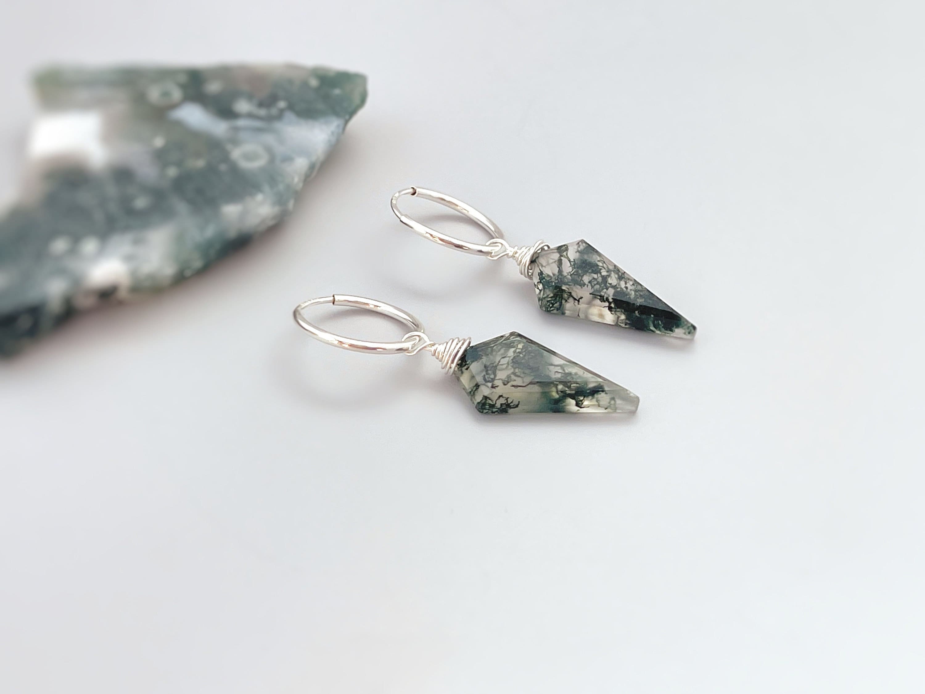 Moss Agate Hoop Earrings Dangle 14k Gold Fill Huggie Hoops