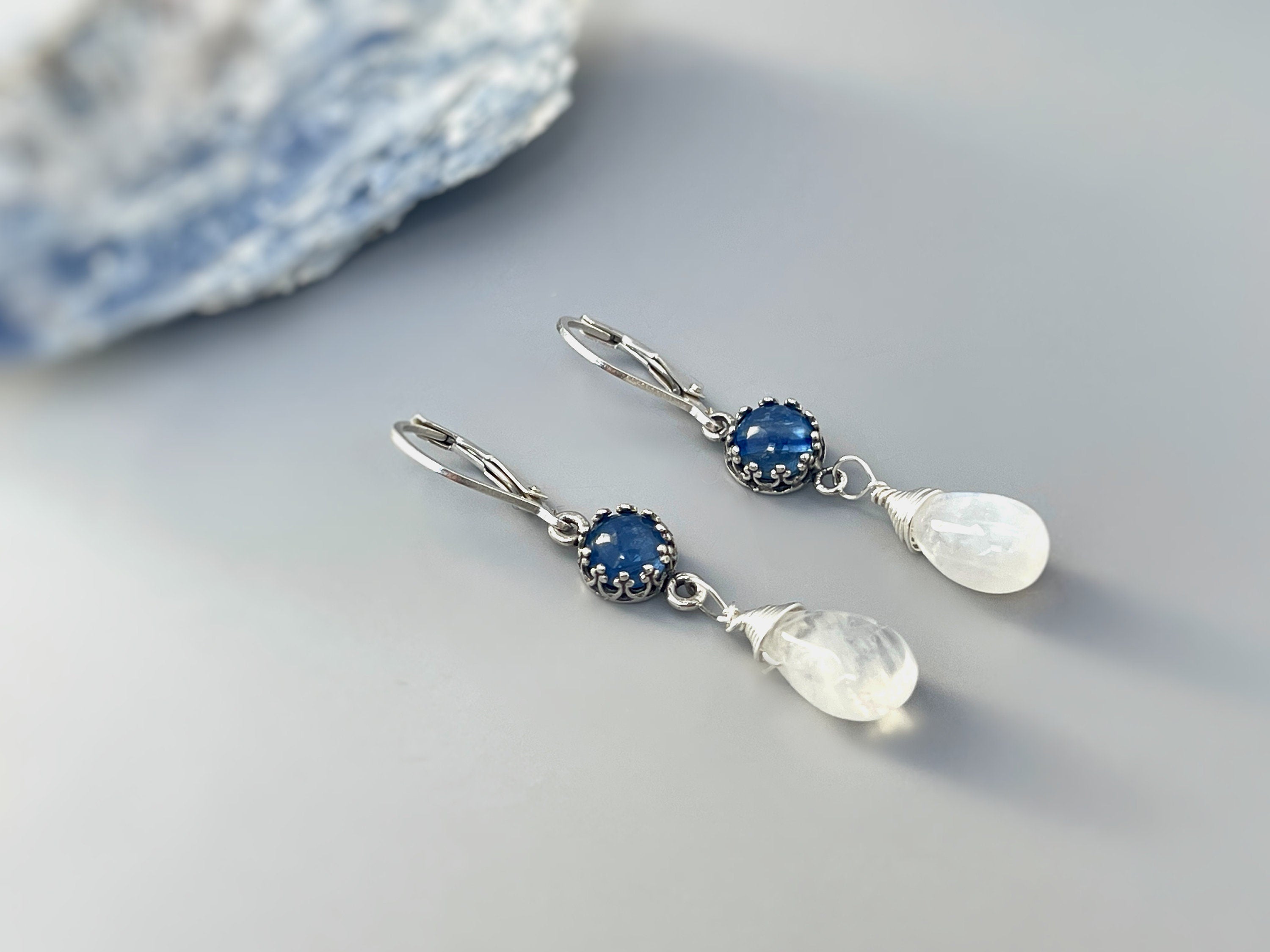 Handmade Blue Kyanite and Moonstone Earrings Dangle Handmade