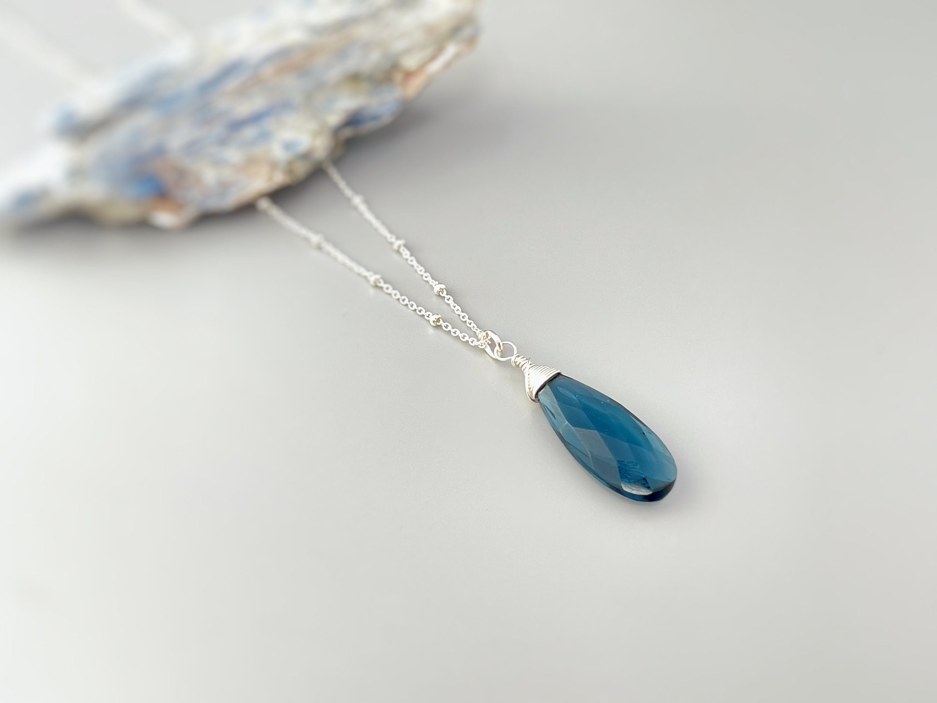 London Blue Necklace Handmade Topaz Quartz pendant Silver, gold, Rose Gold