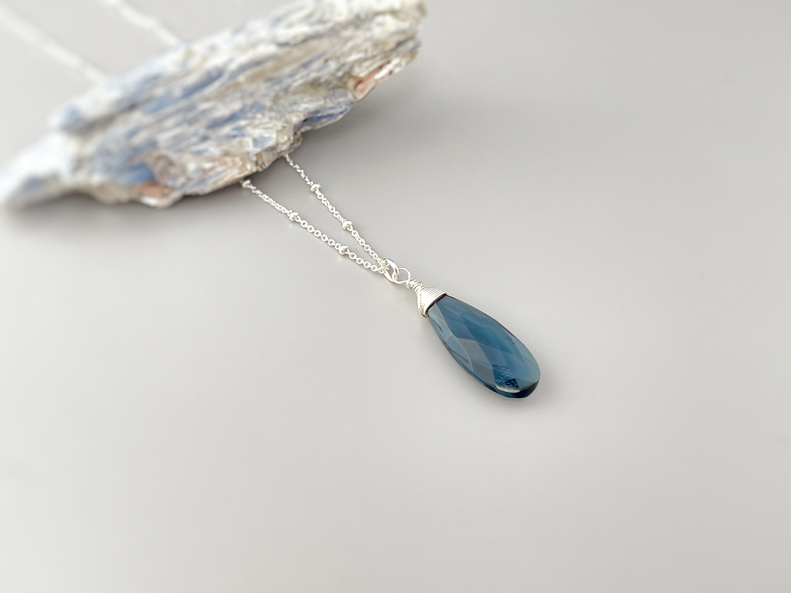 London Blue Necklace Handmade Topaz Quartz pendant Silver, gold, Rose Gold