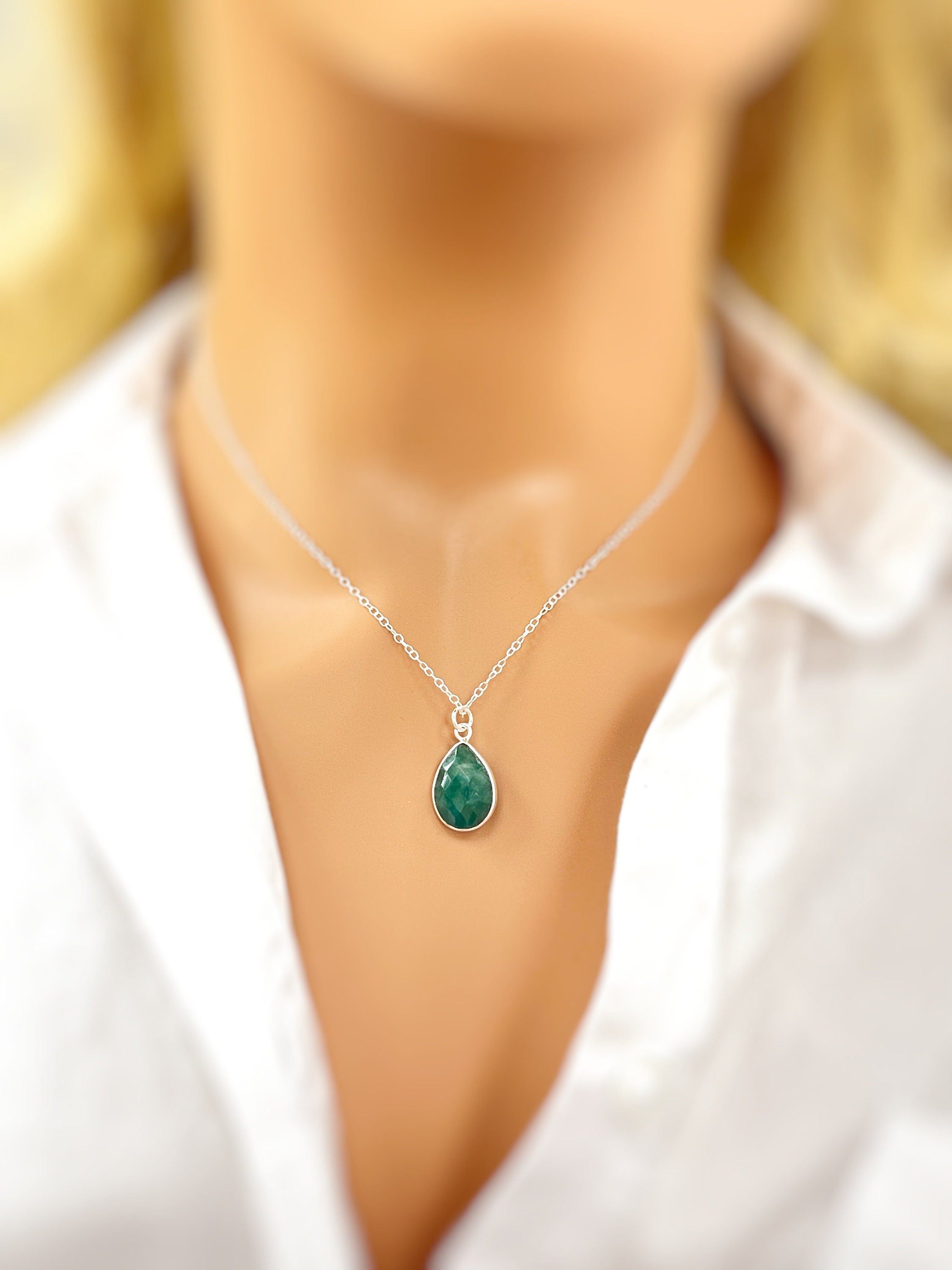 Emerald Necklace 14 Gold, Sterling silver, Handmade gemstone pendant Genuine Raw Emerald handmade jewelry layering necklace May Birthstone