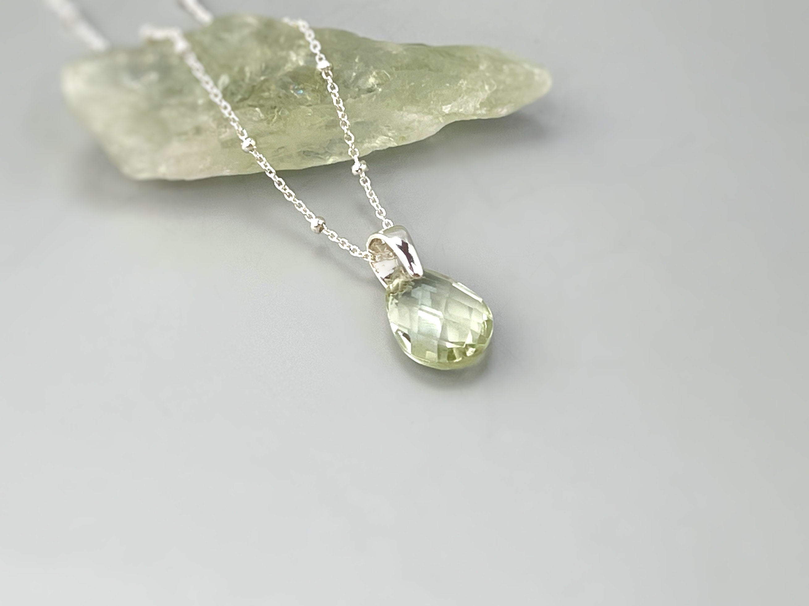 Green Amethyst Necklace Handmade sage mint green gemstone pendant Sterling Silver Prasiolite handmade jewelry layering necklace for women