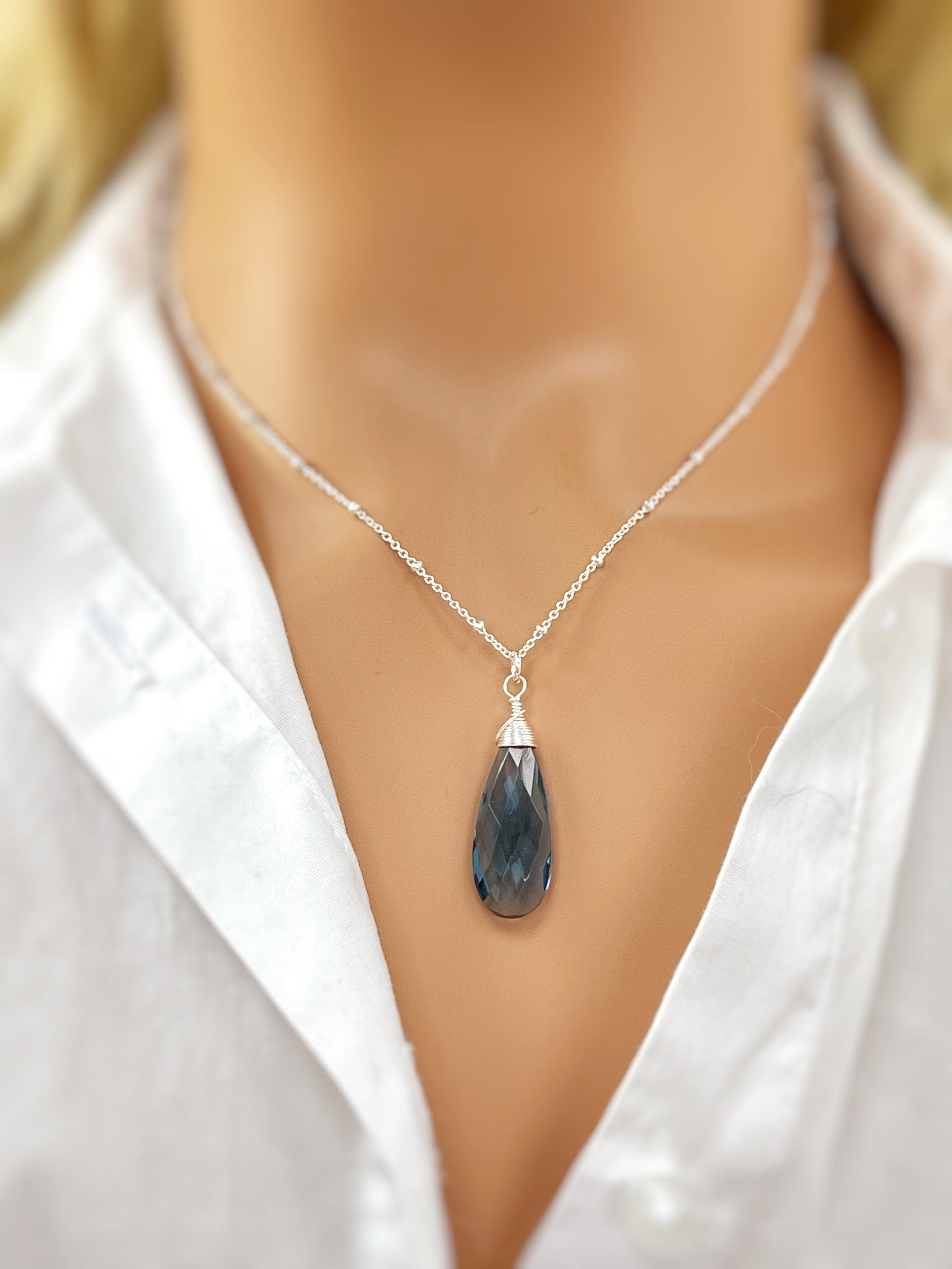 London Blue Necklace Handmade Topaz Quartz pendant Silver, gold, Rose Gold