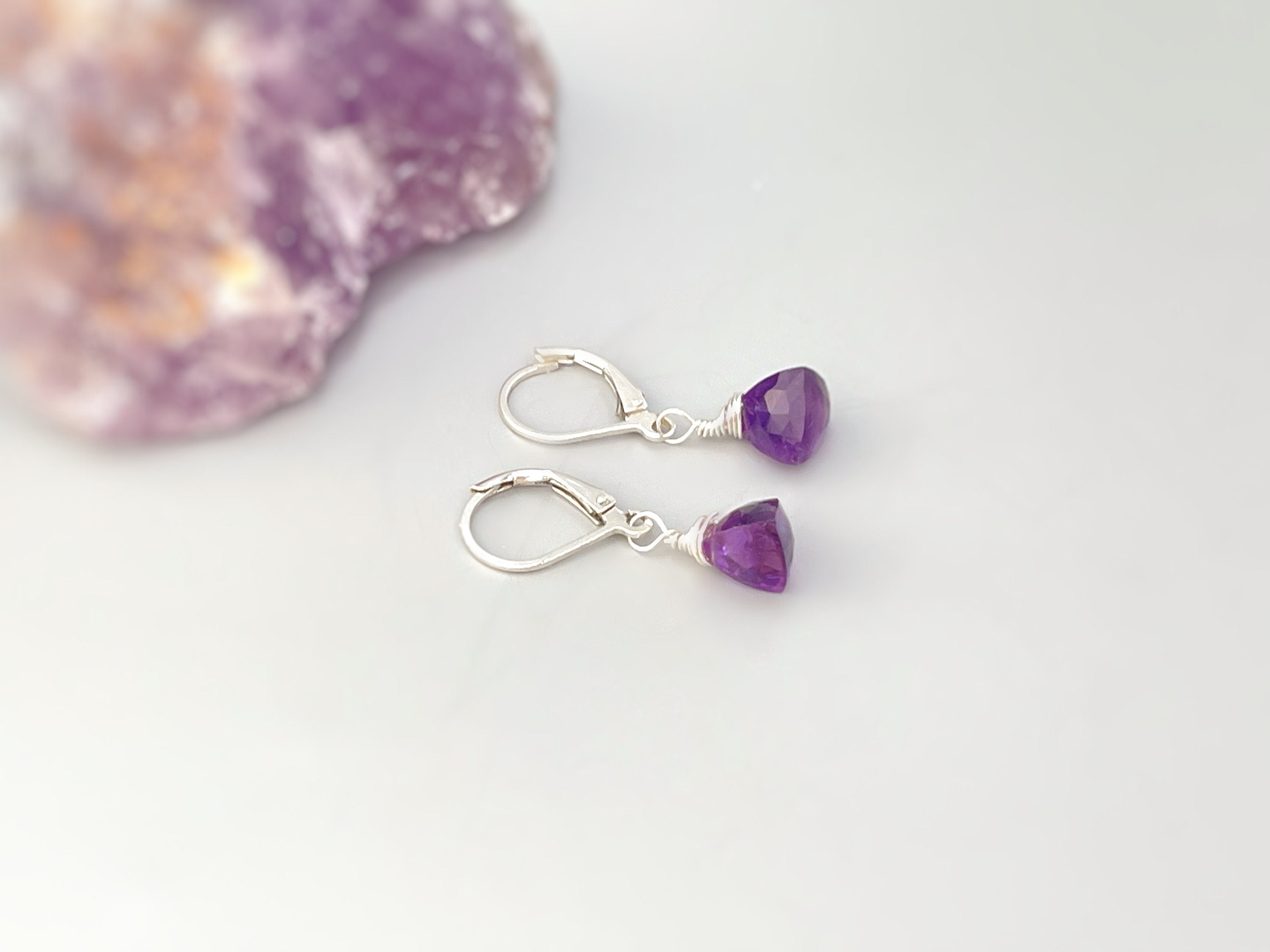 Dainty Amethyst earrings dangle Sterling Silver, 14k gold Rose Gold lightweight tear drop crystal dangly purple gemstone birthstone jewelry