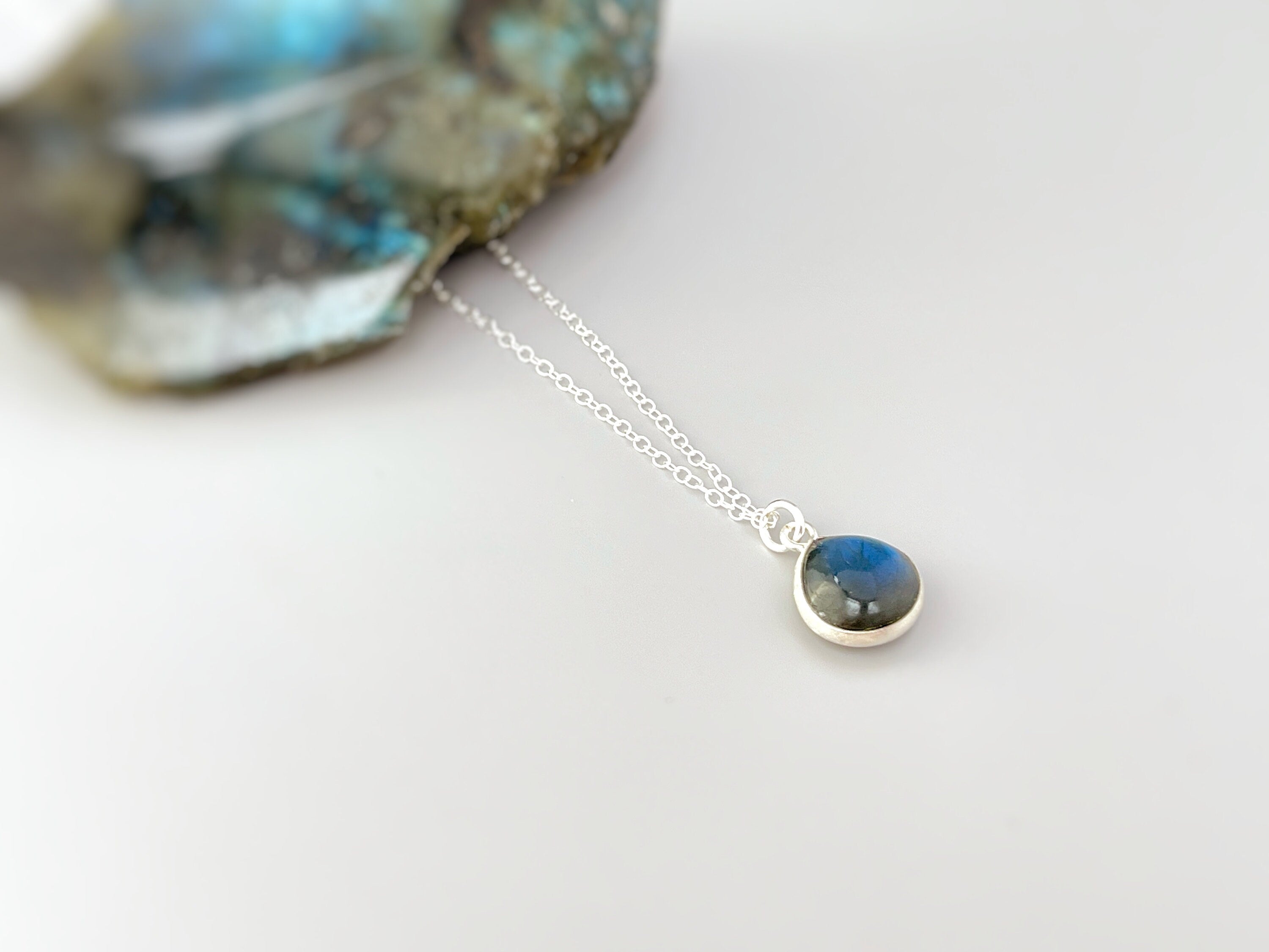 Labradorite Necklace Sterling Silver, handmade blue gemstone pendant birthstone jewelry layering boho necklace for women