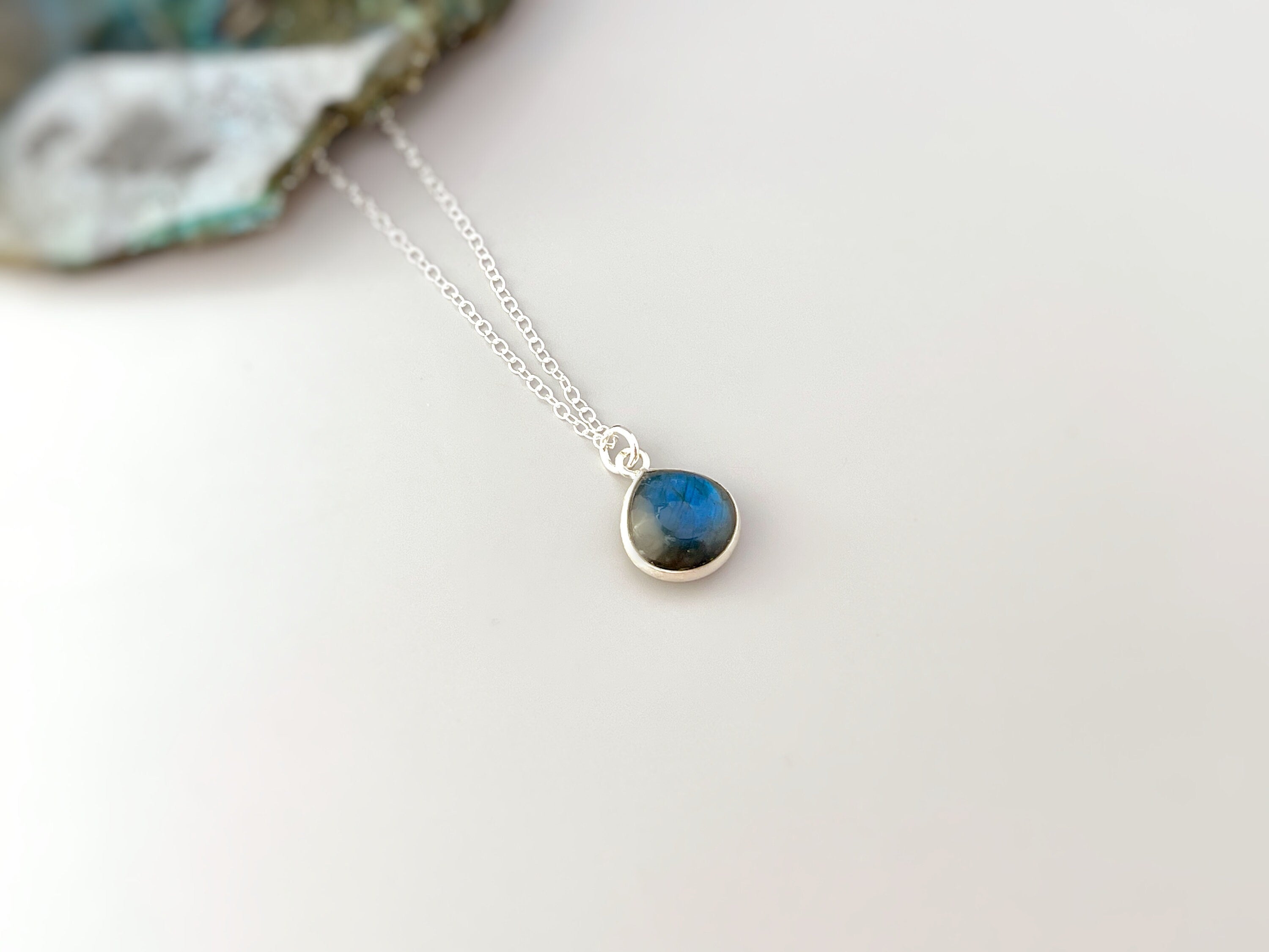 Labradorite Necklace Sterling Silver, handmade blue gemstone pendant birthstone jewelry layering boho necklace for women