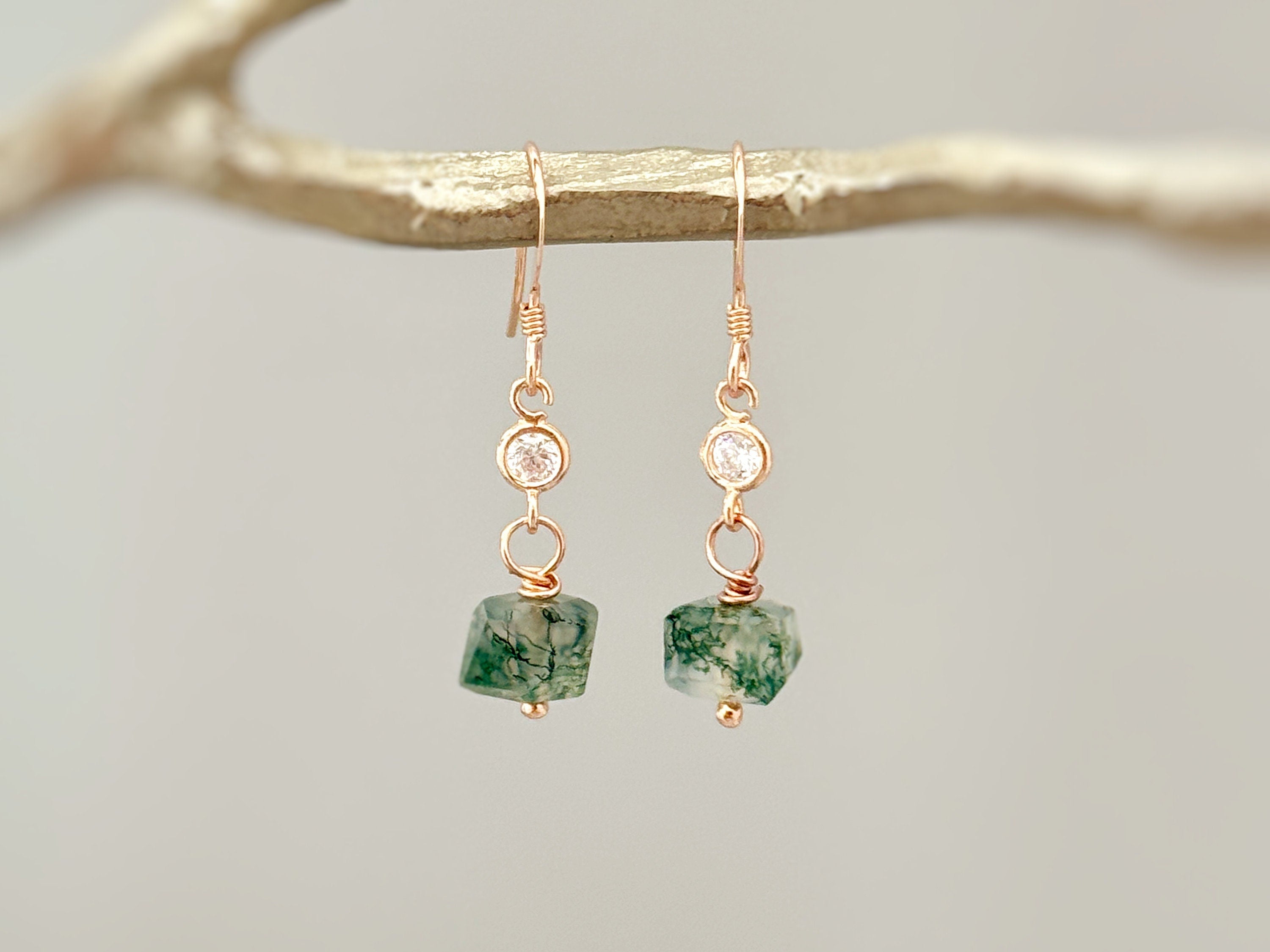 Moss Agate Earrings Dangle Rose Gold, Sterling Silver 14k Gold Fill
