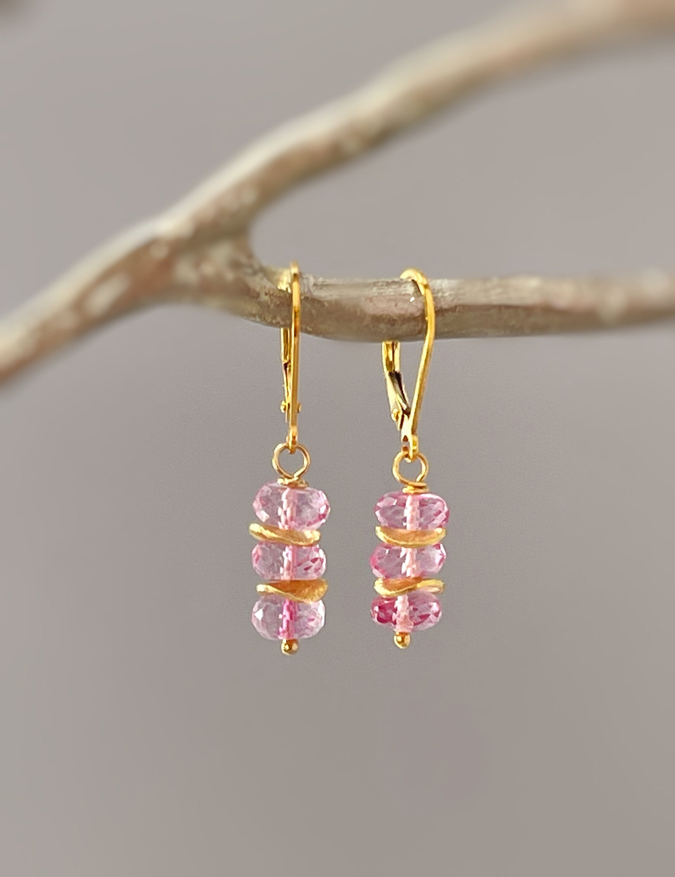 Dainty Pink Topaz earrings dangle Sterling Silver, Rose Gold, 14k Gold fill
