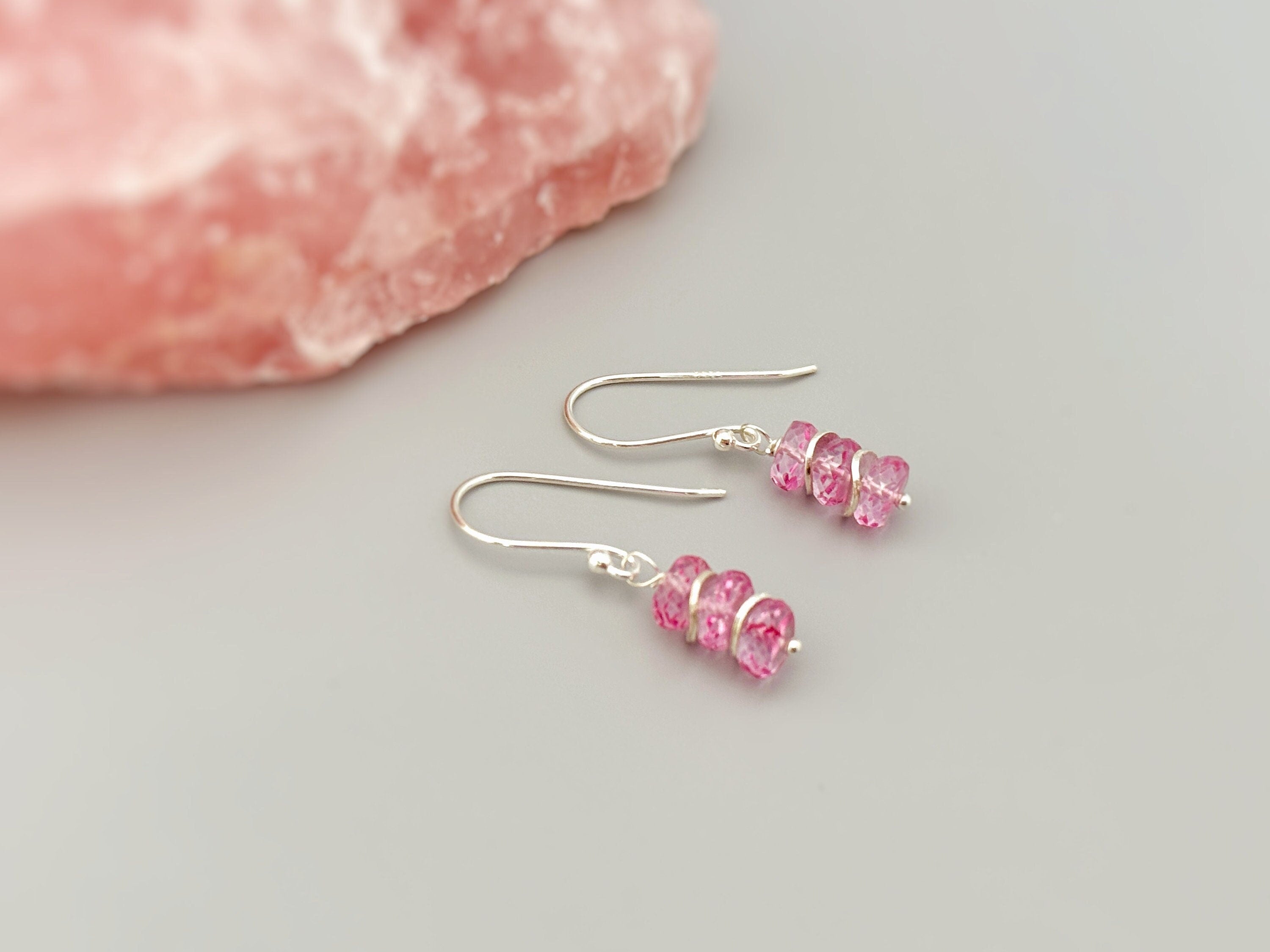 Dainty Pink Topaz earrings dangle Sterling Silver, Rose Gold, 14k Gold fill