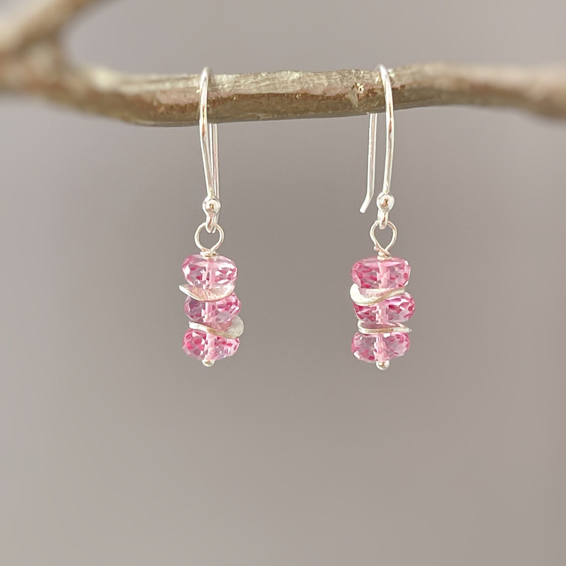 Dainty Pink Topaz earrings dangle Sterling Silver, Rose Gold, 14k Gold fill
