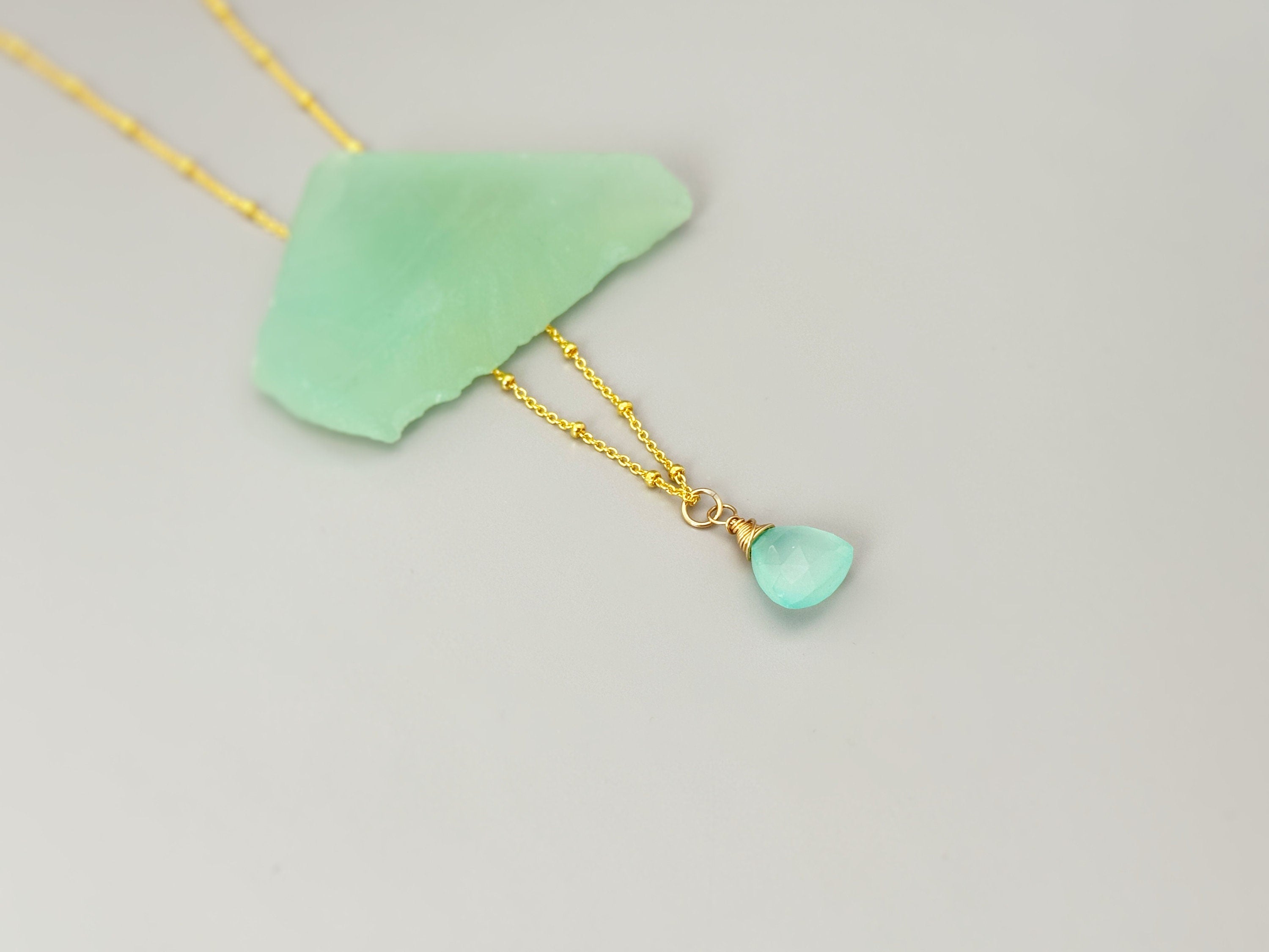 Aqua Green Chalcedony Necklace Gold Handmade gemstone pendant silver, Rose Gold Sterling Silver Jewelry layering necklace for women