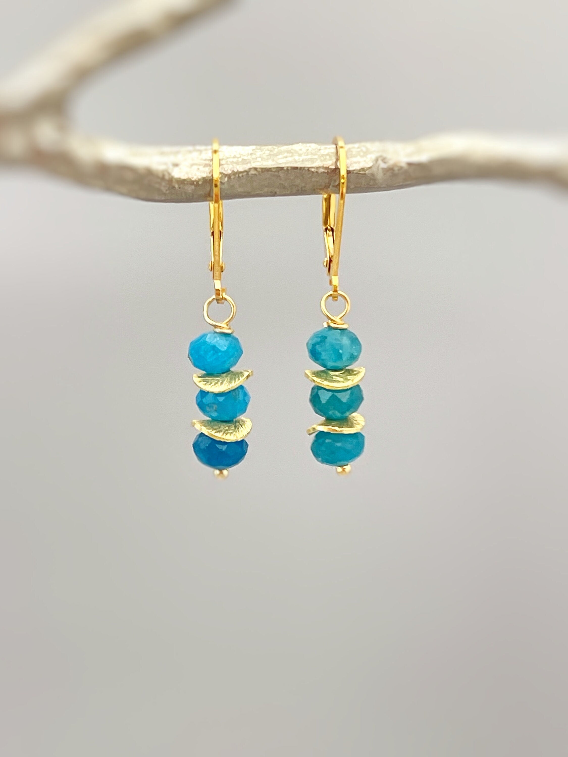 Dainty Blue Apatite gemstone earrings dangle, Sterling Silver, Rose Gold 14k Gold fill dangly everyday artisan handmade jewelry gift for mom