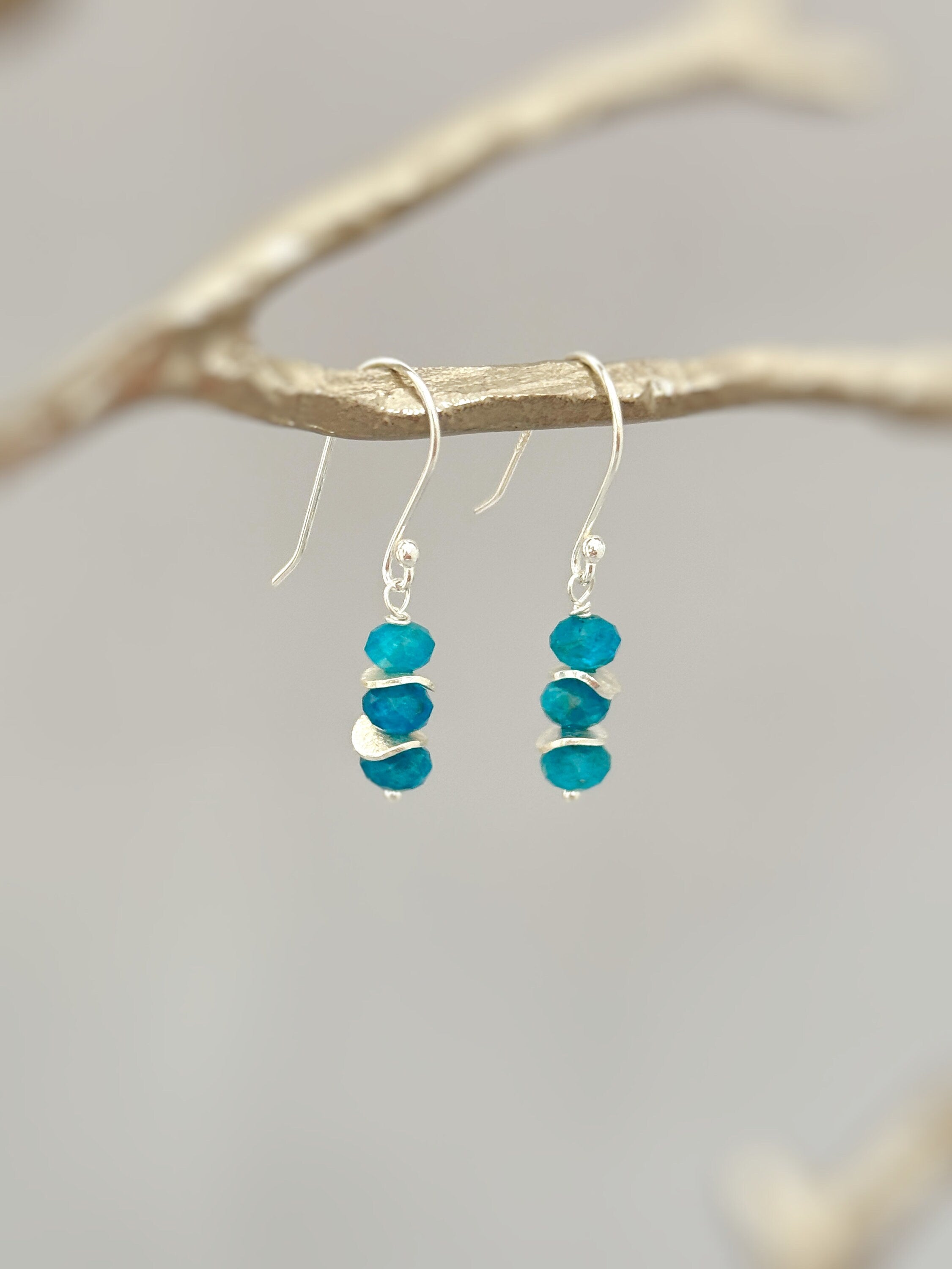 Dainty Blue Apatite gemstone earrings dangle, Sterling Silver, Rose Gold 14k Gold fill dangly everyday artisan handmade jewelry gift for mom