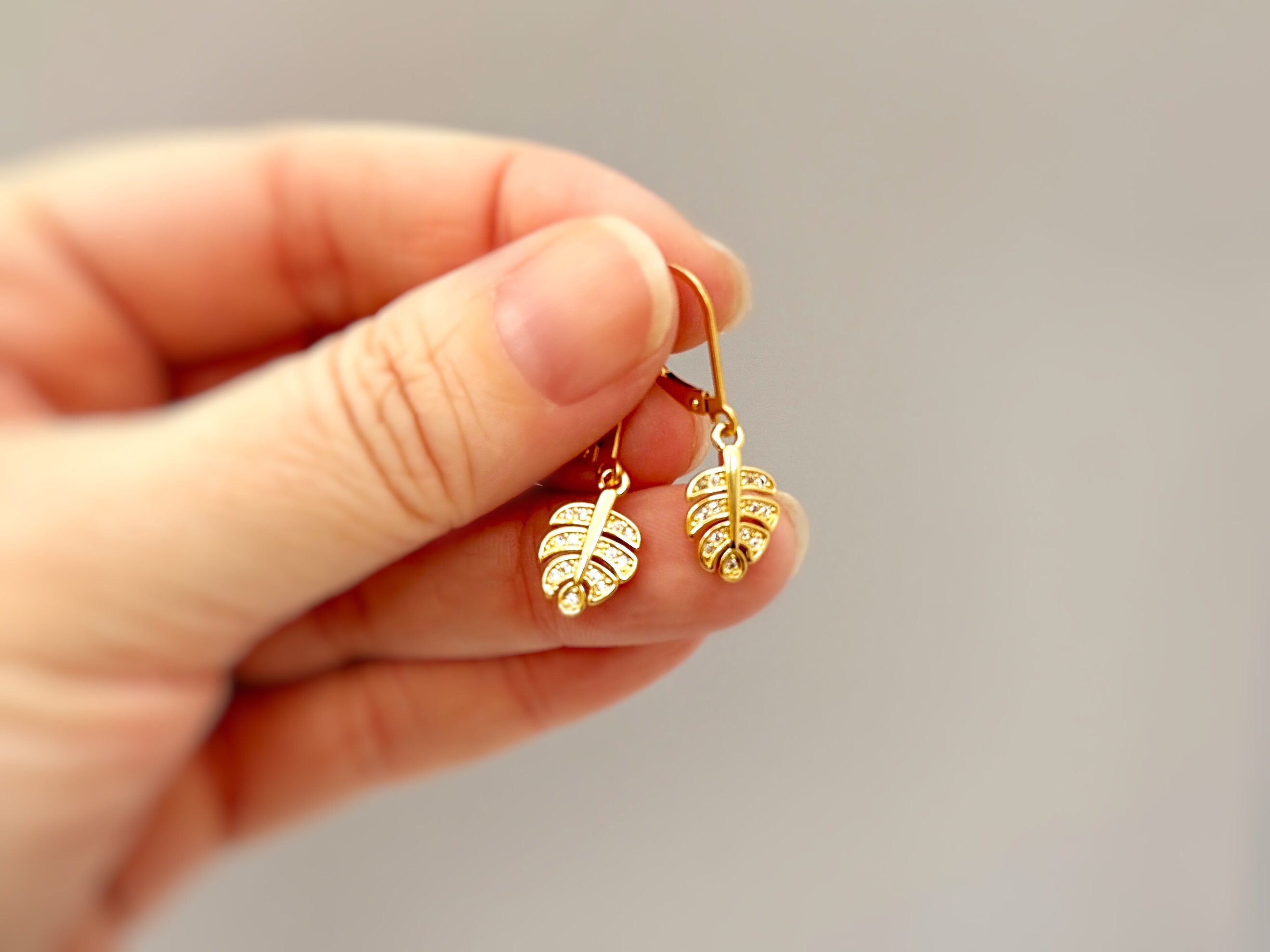 Crystal Monstera Leaf earrings dangle, gold leafy dangly drop pave boho handmade jewelry for women plant lover, gardener, gift for wife, mom