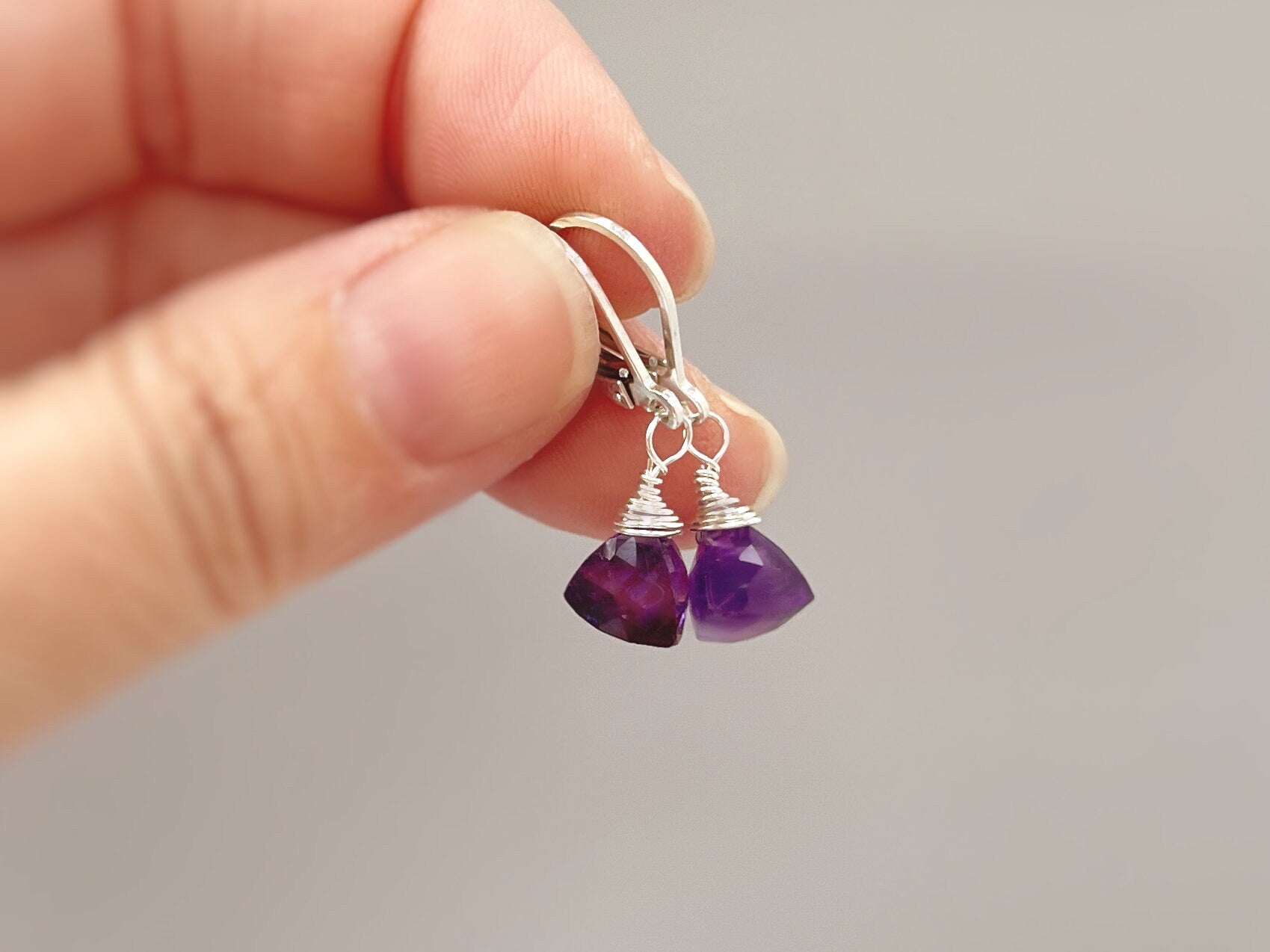 Dainty Amethyst earrings dangle Sterling Silver, 14k gold Rose Gold lightweight tear drop crystal dangly purple gemstone birthstone jewelry