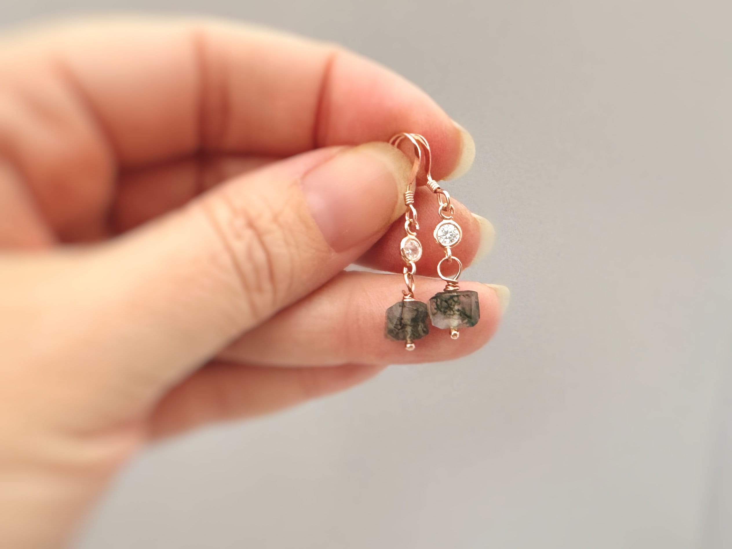 Moss Agate Earrings Dangle Rose Gold, Sterling Silver 14k Gold Fill
