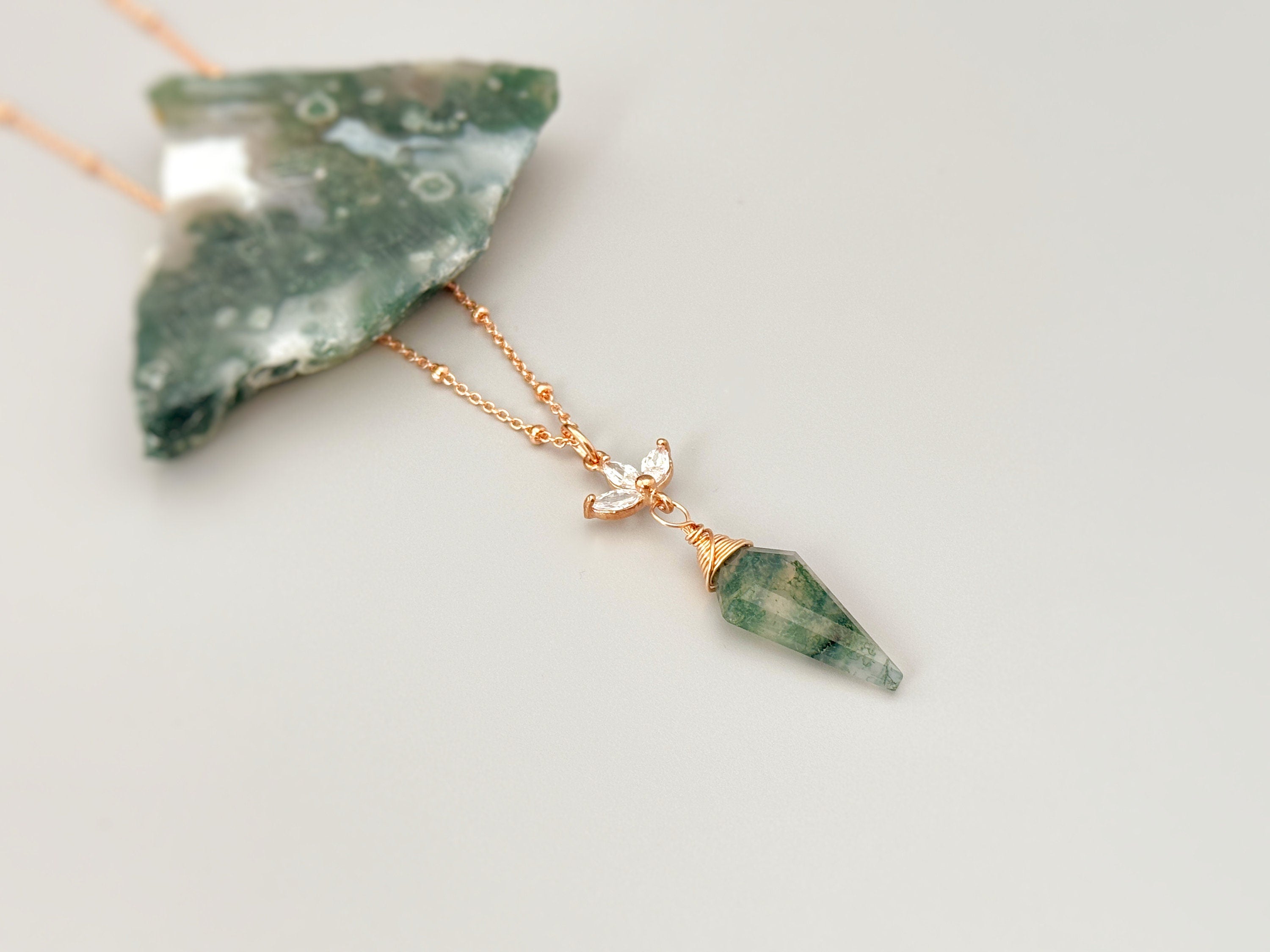 Moss Agate Necklace Rose Gold, Sterling Silver, Gold