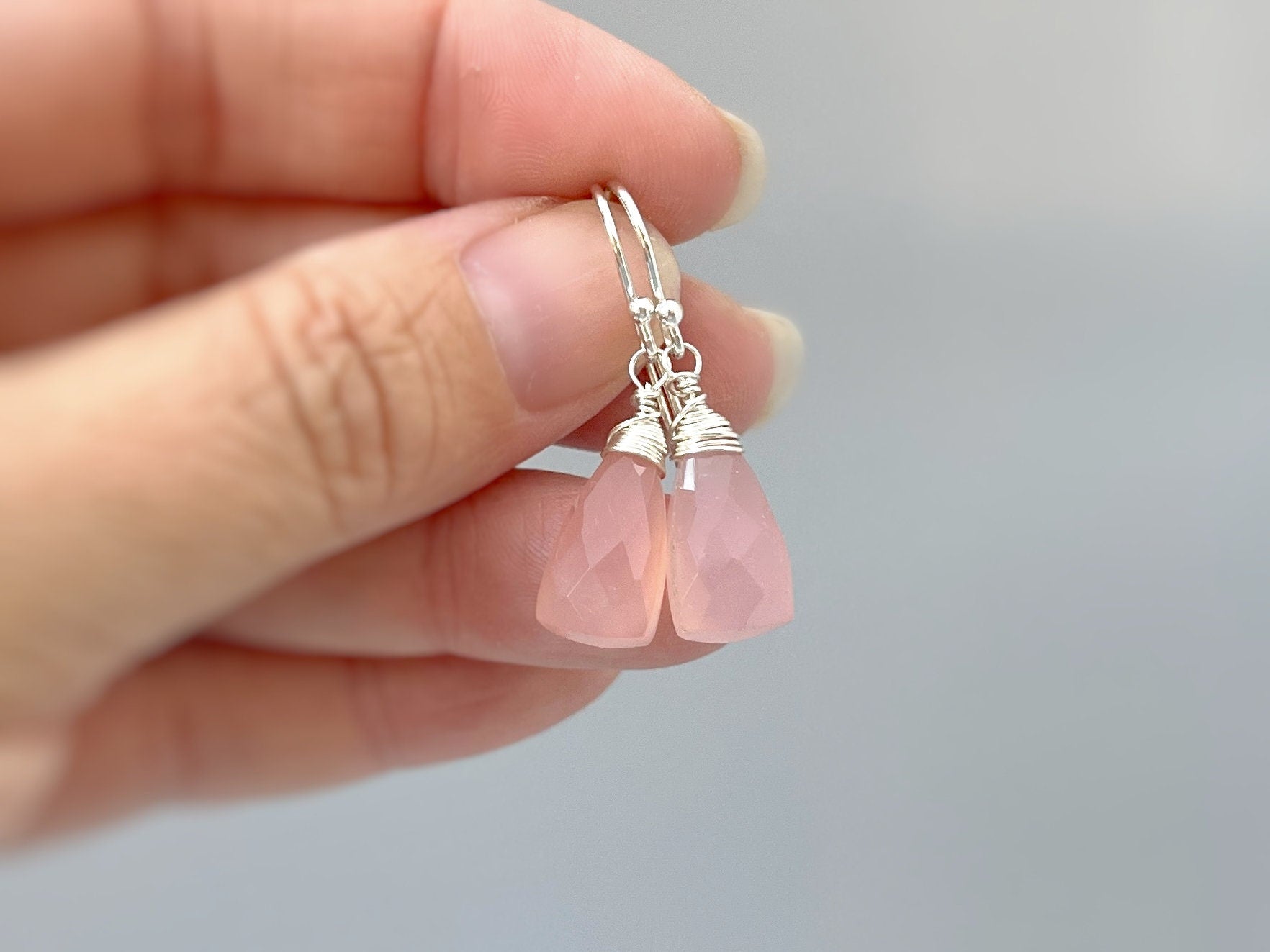 Pink Chalcedony earrings dangle Sterling Silver boho14k Gold fill Rose Gold dangly tear drop handmade gemstone jewelry gift for wife