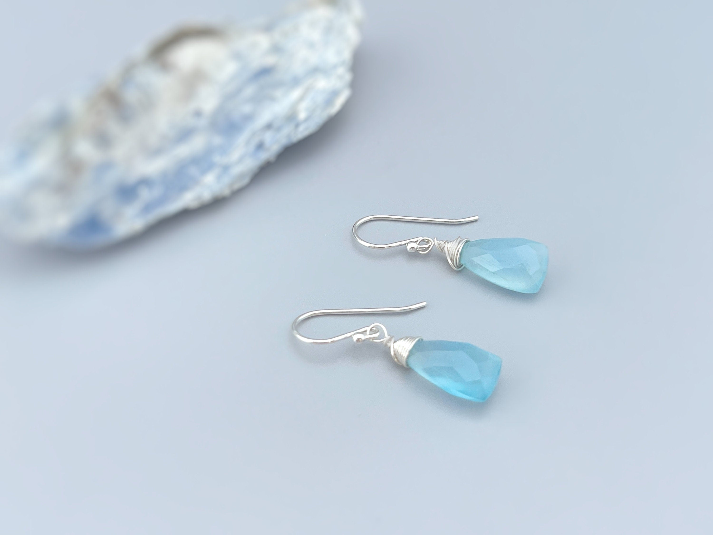 Blue Chalcedony earrings dangle Sterling Silver, 14k Gold fill Rose Gold dangly tear drop handmade light blue gemstone jewelry gift for mom