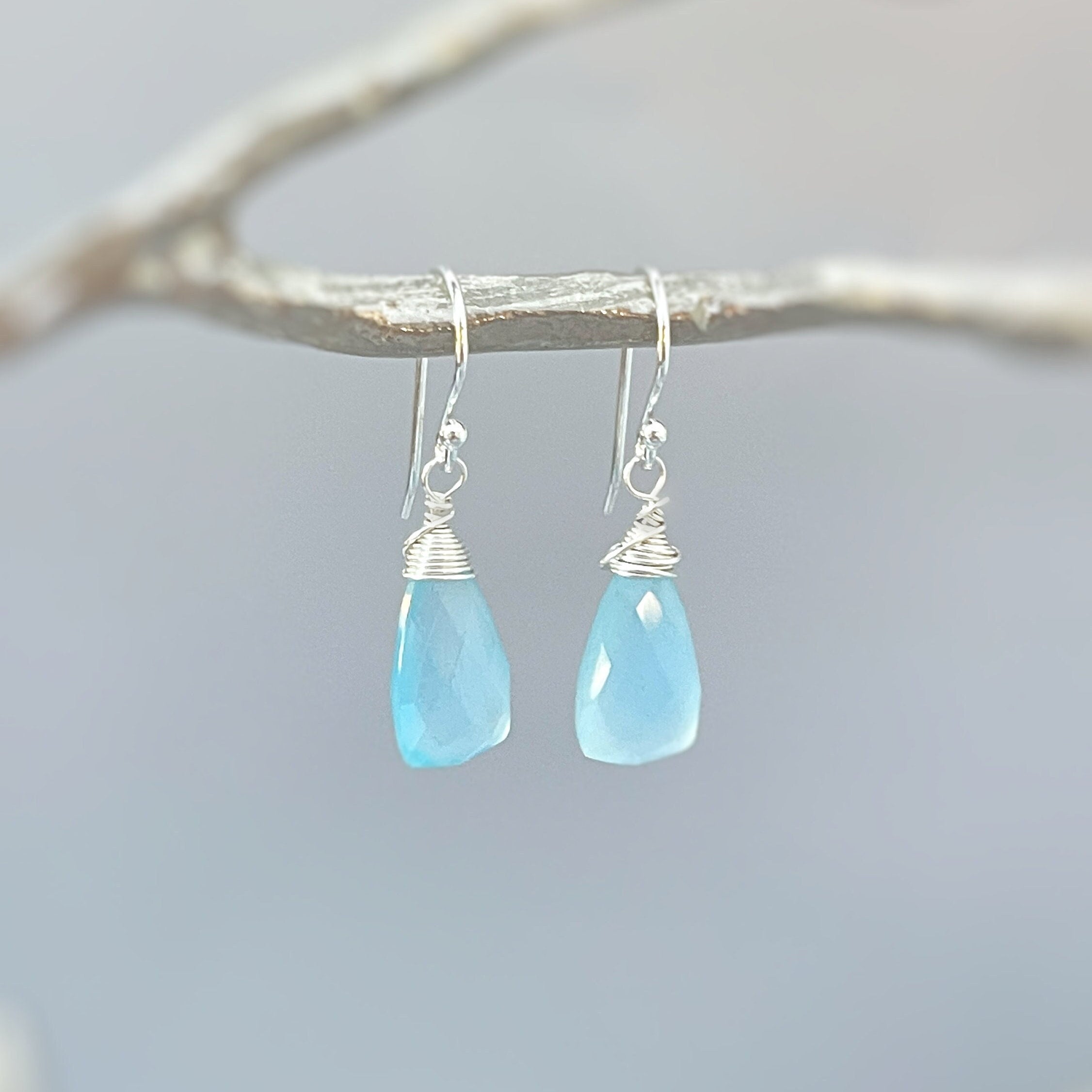 Blue Chalcedony earrings dangle Sterling Silver, 14k Gold fill Rose Gold dangly tear drop handmade light blue gemstone jewelry gift for mom