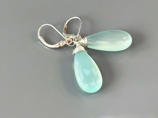 Aqua Chalcedony Earrings dangle, Long elegant spring earrings