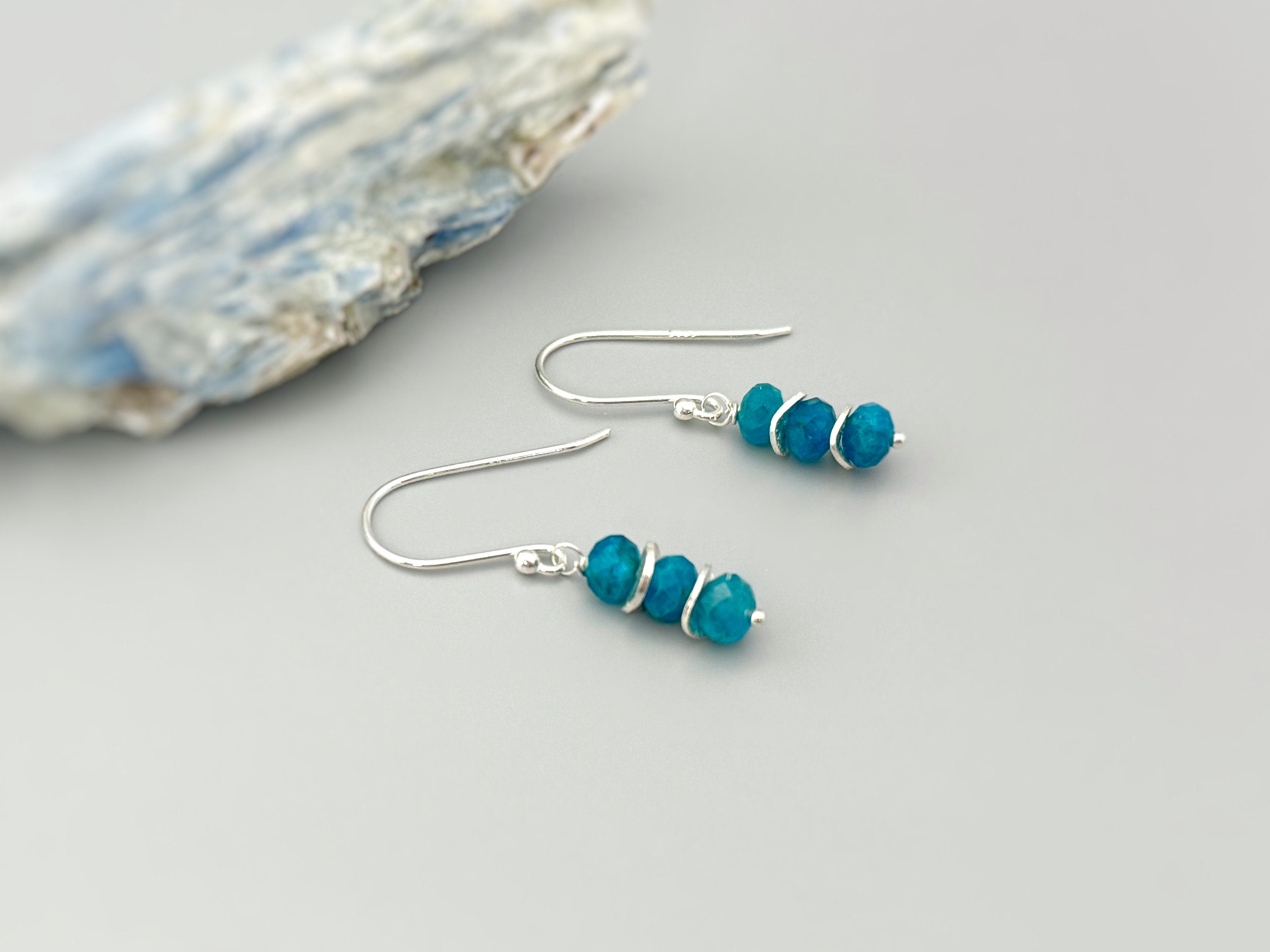 Dainty Blue Apatite gemstone earrings dangle, Sterling Silver