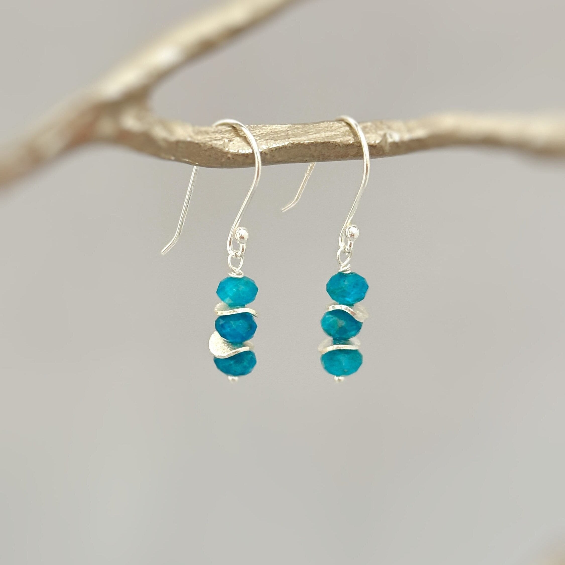 Dainty Blue Apatite gemstone earrings dangle, Sterling Silver, Rose Gold 14k Gold fill dangly everyday artisan handmade jewelry gift for mom