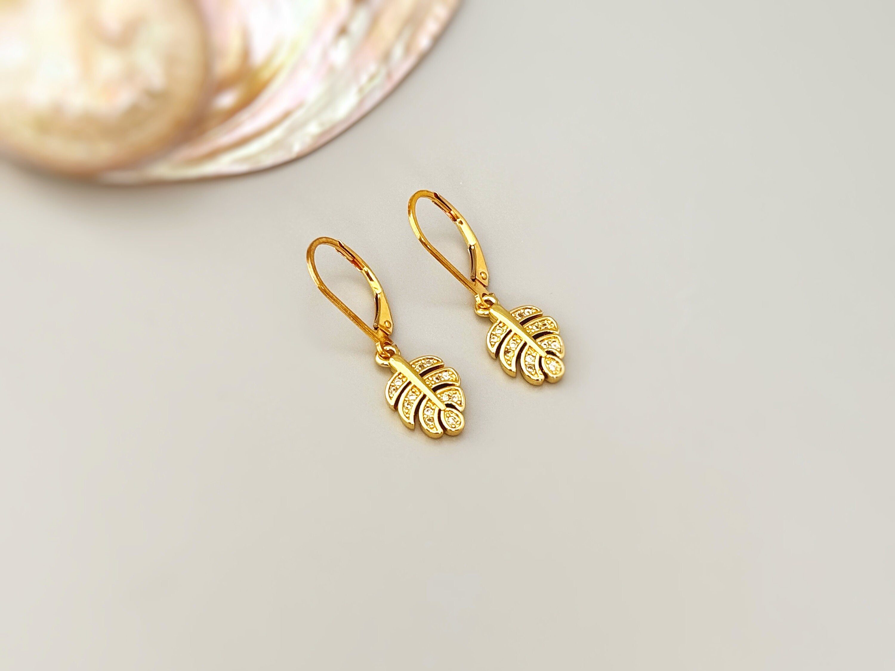 Crystal Monstera Leaf earrings dangle, gold leafy dangly drop pave boho handmade jewelry for women plant lover, gardener, gift for wife, mom