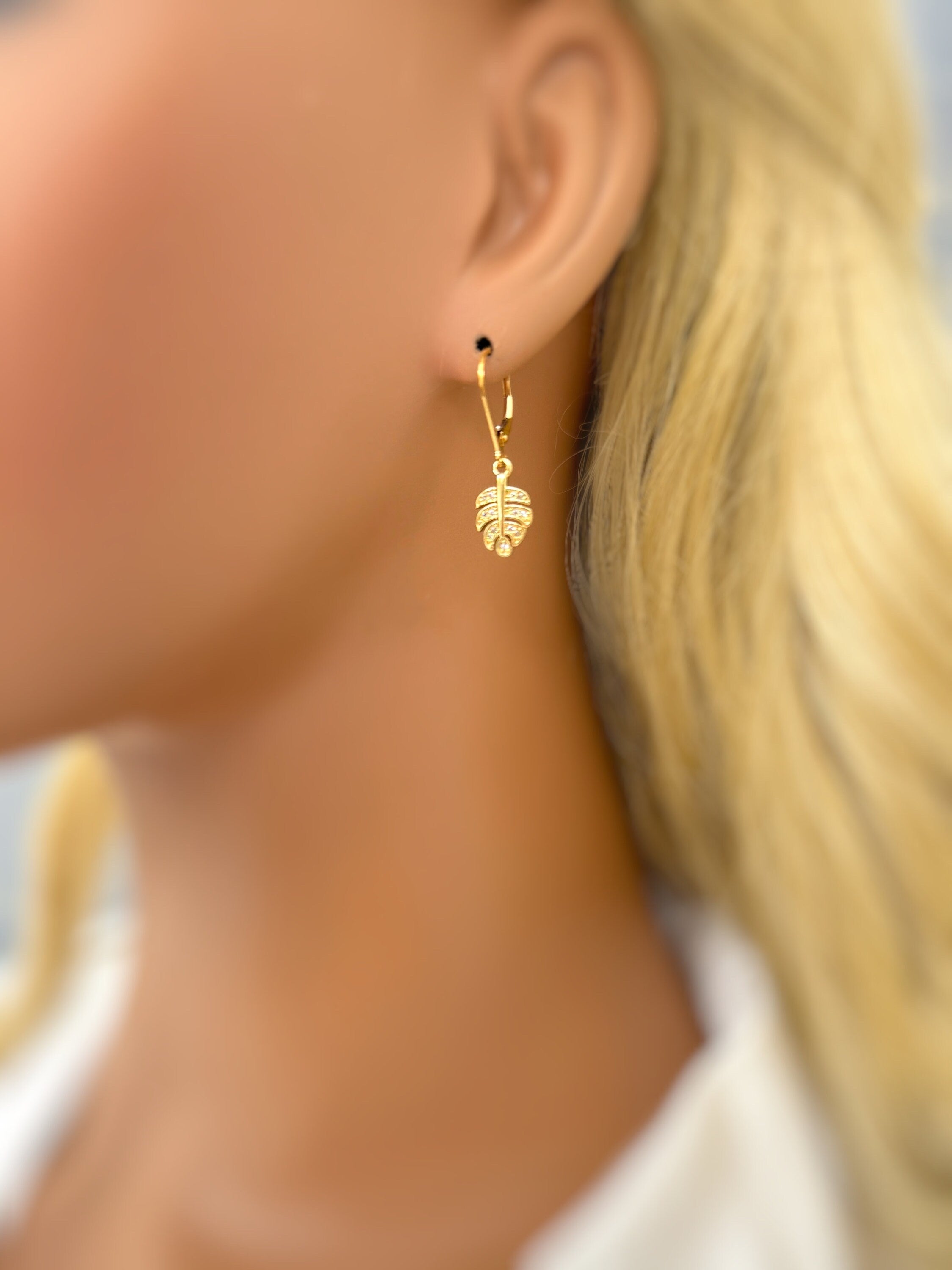 Crystal Monstera Leaf earrings dangle, gold leafy dangly drop pave boho handmade jewelry for women plant lover, gardener, gift for wife, mom