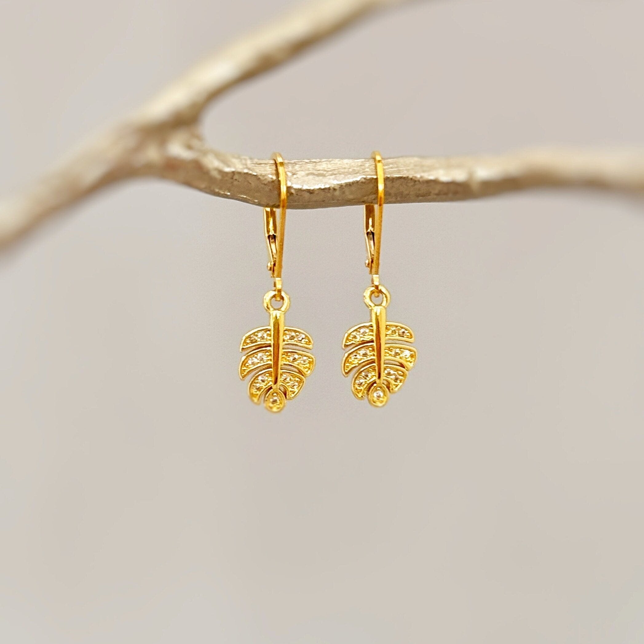 Crystal Monstera Leaf earrings dangle, gold leafy dangly drop pave boho handmade jewelry for women plant lover, gardener, gift for wife, mom