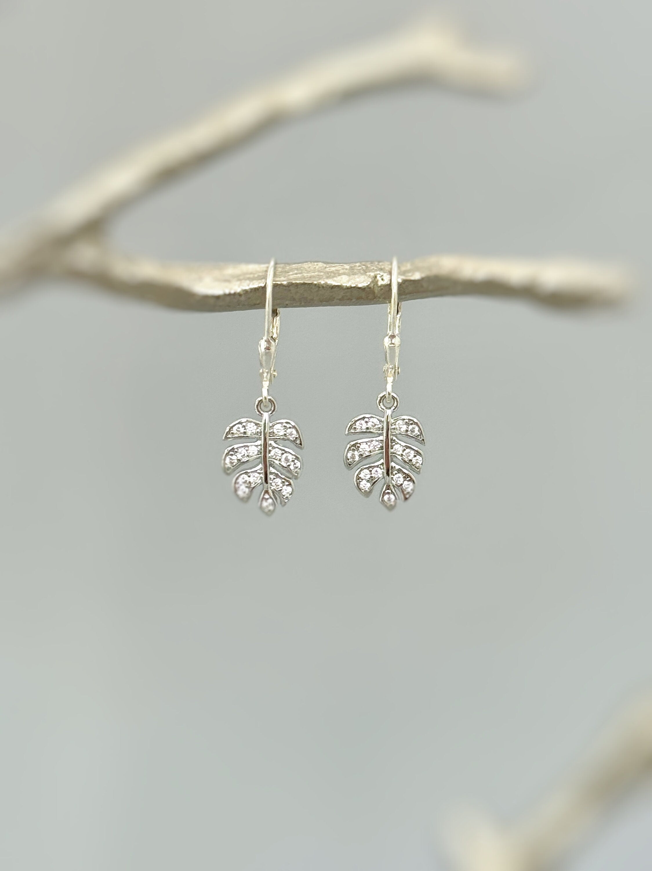 Crystal Monstera Leaf earrings dangle, gold leafy dangly drop pave boho handmade jewelry for women plant lover, gardener, gift for wife, mom