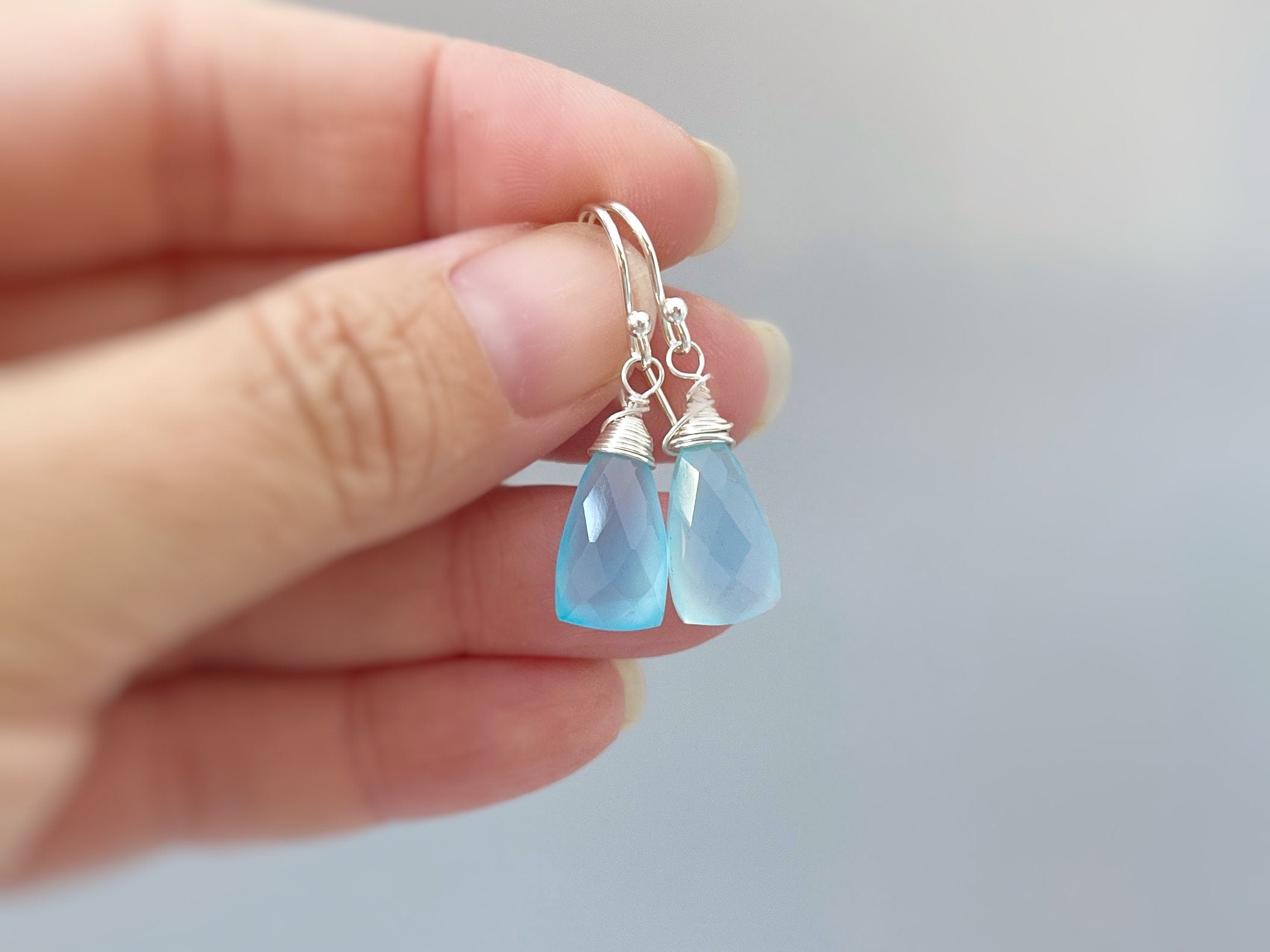 Blue Chalcedony earrings dangle Sterling Silver, 14k Gold fill Rose Gold dangly tear drop handmade light blue gemstone jewelry gift for mom