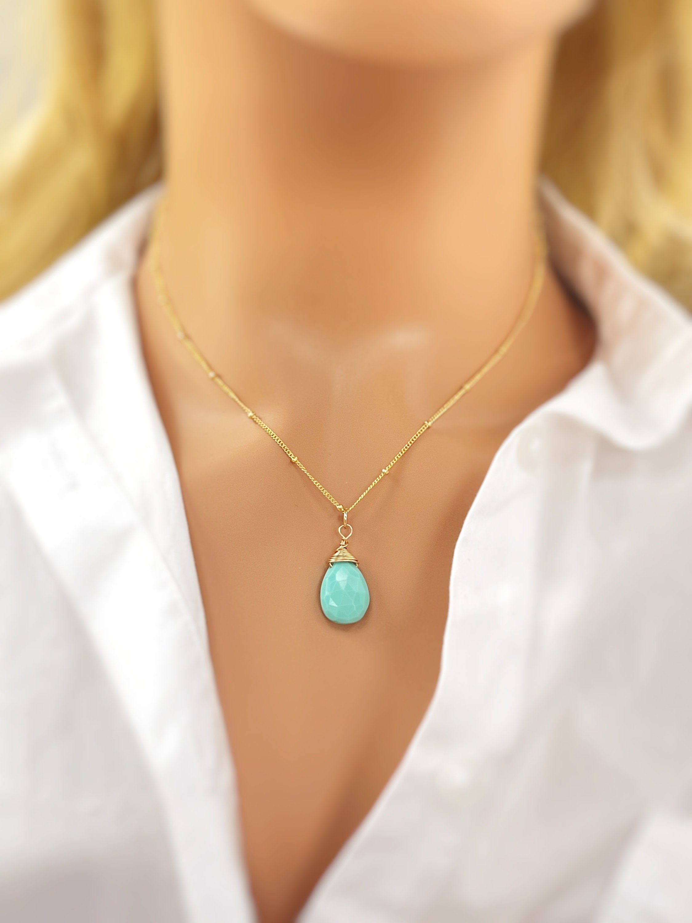 Dainty turquoise Necklace Gold, Sterling Silver, Rose Gold handmade birthstone jewelry for women pendant layering gemstone necklace