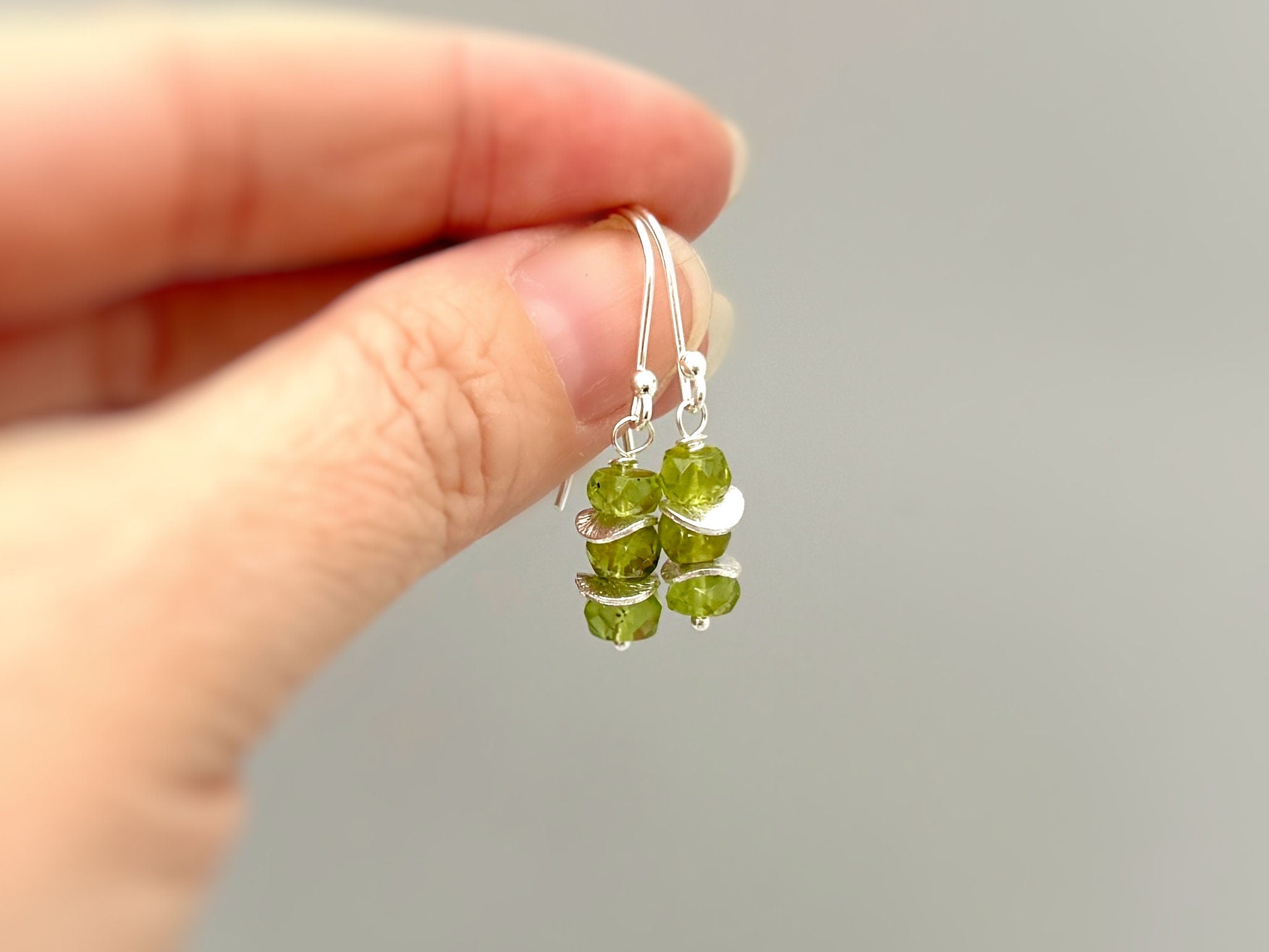 Peridot Earrings dangle, drop 14k gold, sterling silver, rose gold dangly green gemstone lightweight everyday jewelry for women Birthstone