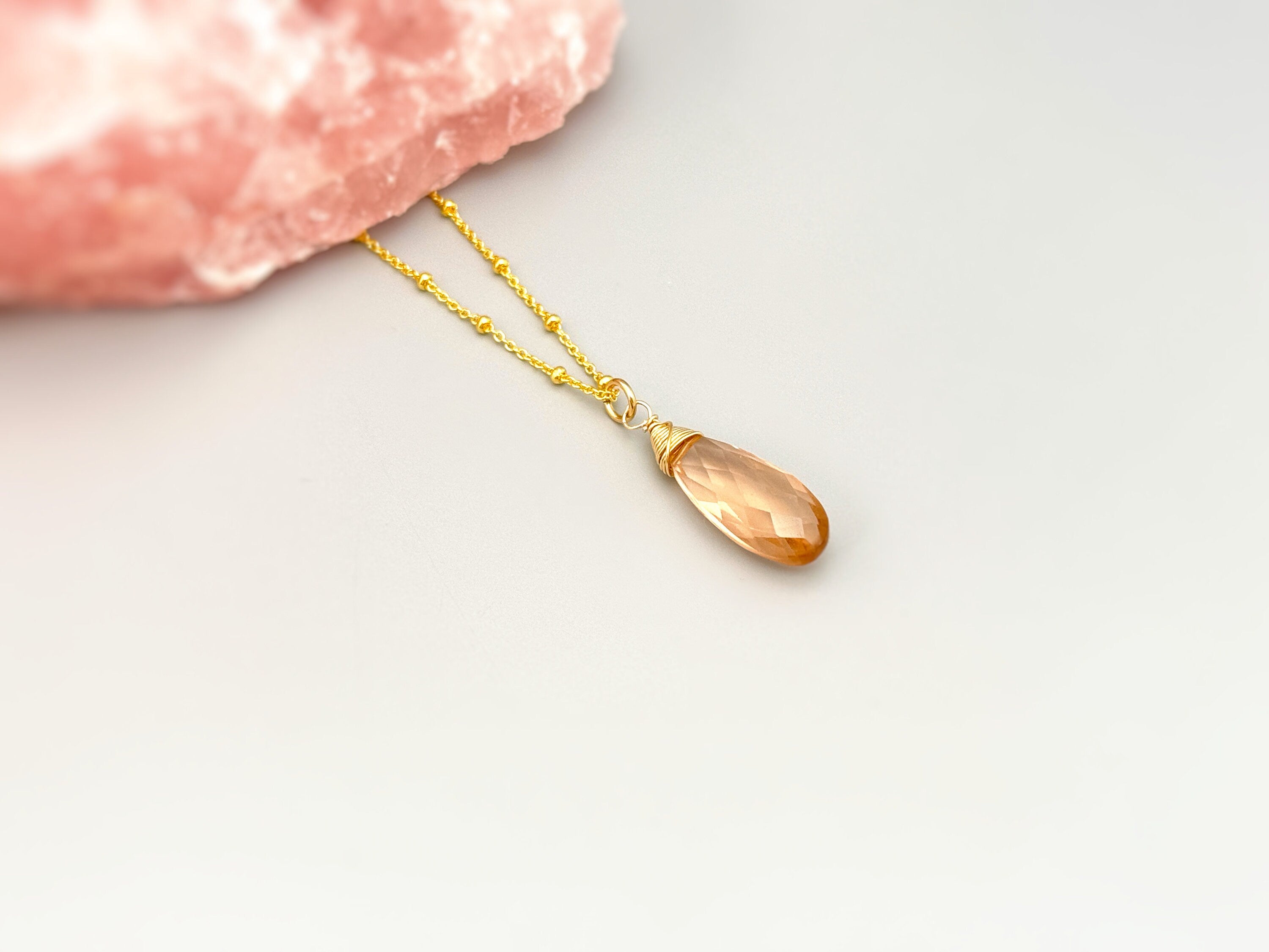 Morganite Necklace Sterling Silver, Gold, Rose Gold Handmade gemstone pendant blush peach quartz Jewelry Crystal Quartz necklace for women