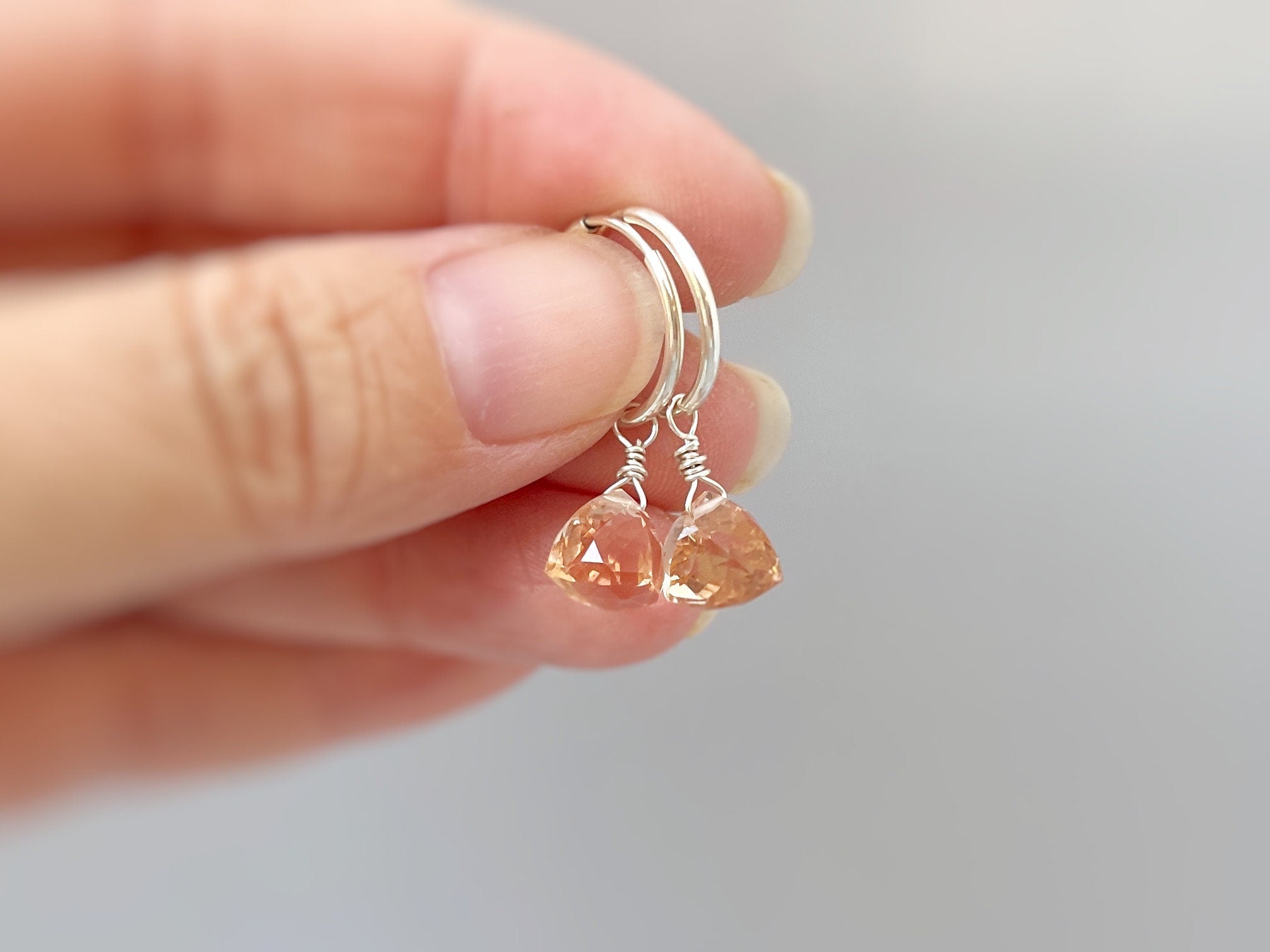 Morganite Earrings Dangle Huggie Hoops Sterling Silver, Rose Gold, 14k Gold Fill Handmade dainty raw gemstone crystal jewelry for mom