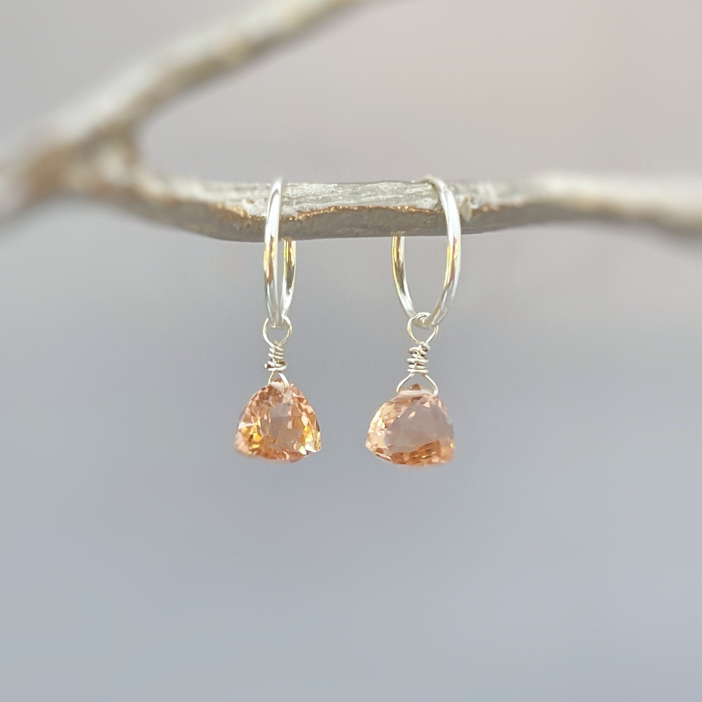 Morganite Earrings Dangle Huggie Hoops Sterling Silver, Rose Gold, 14k Gold Fill Handmade dainty raw gemstone crystal jewelry for mom