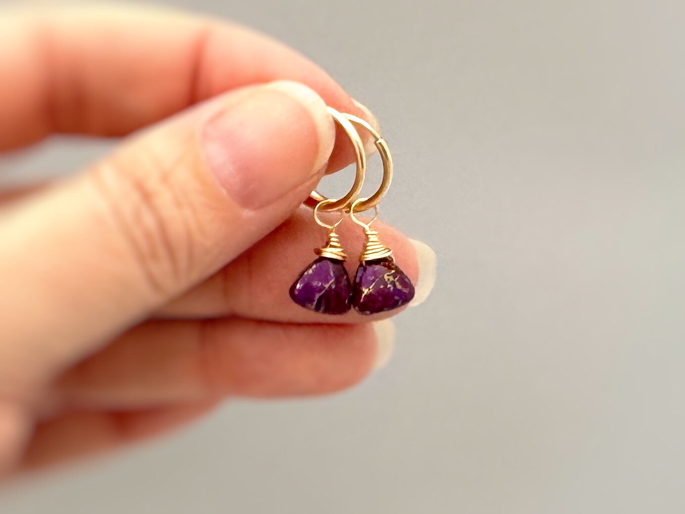 Purple Copper Turquoise Earrings Dangle Huggie Hoops 14k Gold Fill Sterling Silver, Rose Gold Handmade dainty gemstone jewelry gift for wife