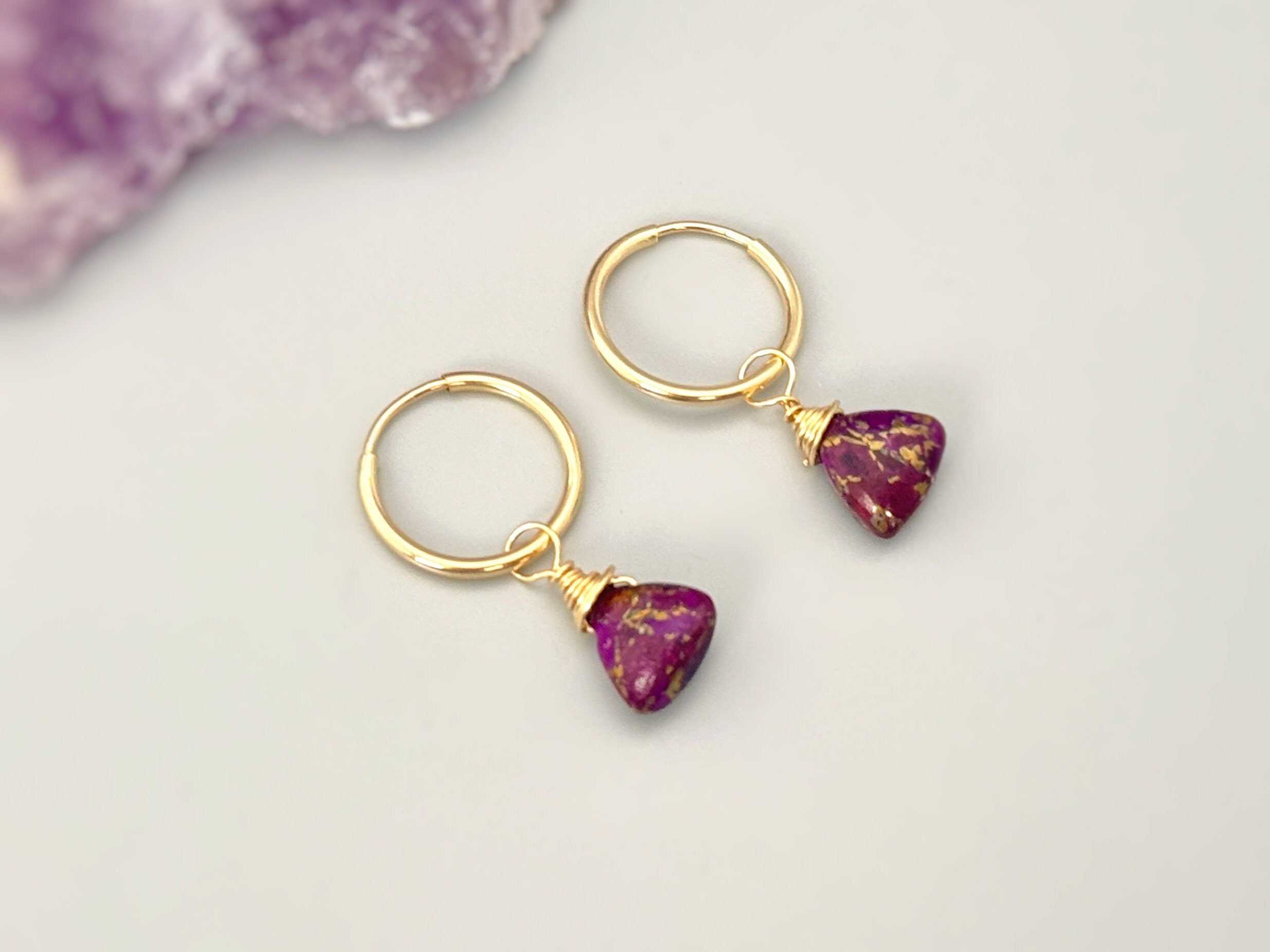 Purple Copper Turquoise Earrings Dangle Huggie Hoops 14k Gold Fill Sterling Silver, Rose Gold Handmade dainty gemstone jewelry gift for wife