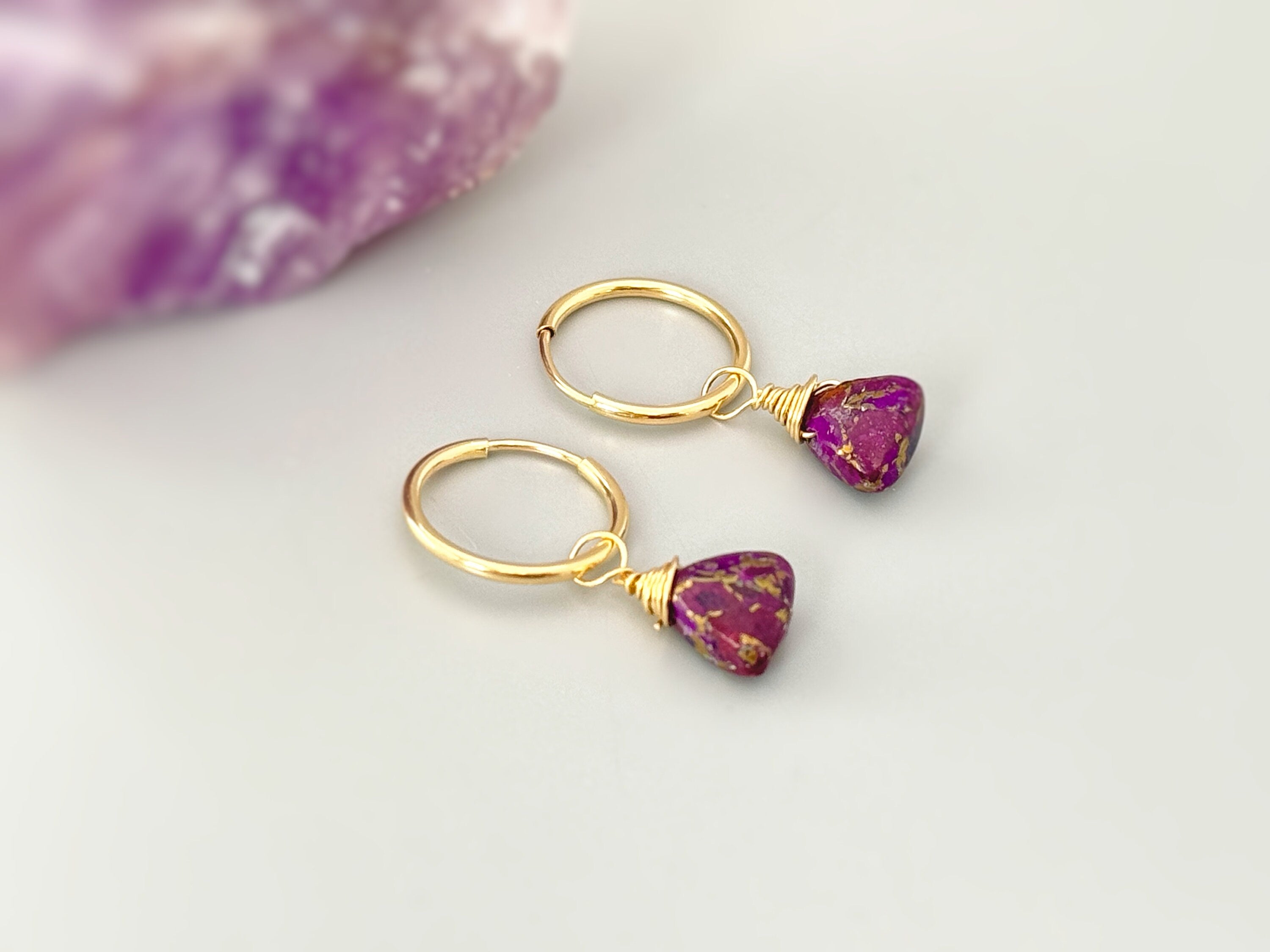 Purple Copper Turquoise Earrings Dangle Huggie Hoops 14k Gold Fill Sterling Silver, Rose Gold Handmade dainty gemstone jewelry gift for wife