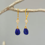 Lapis drop earrings dangle, sparkling crystal 14k Gold Fill Handmade jewelry for women dark blue gemstone Lapis Lazuli Leverback Dangly drop