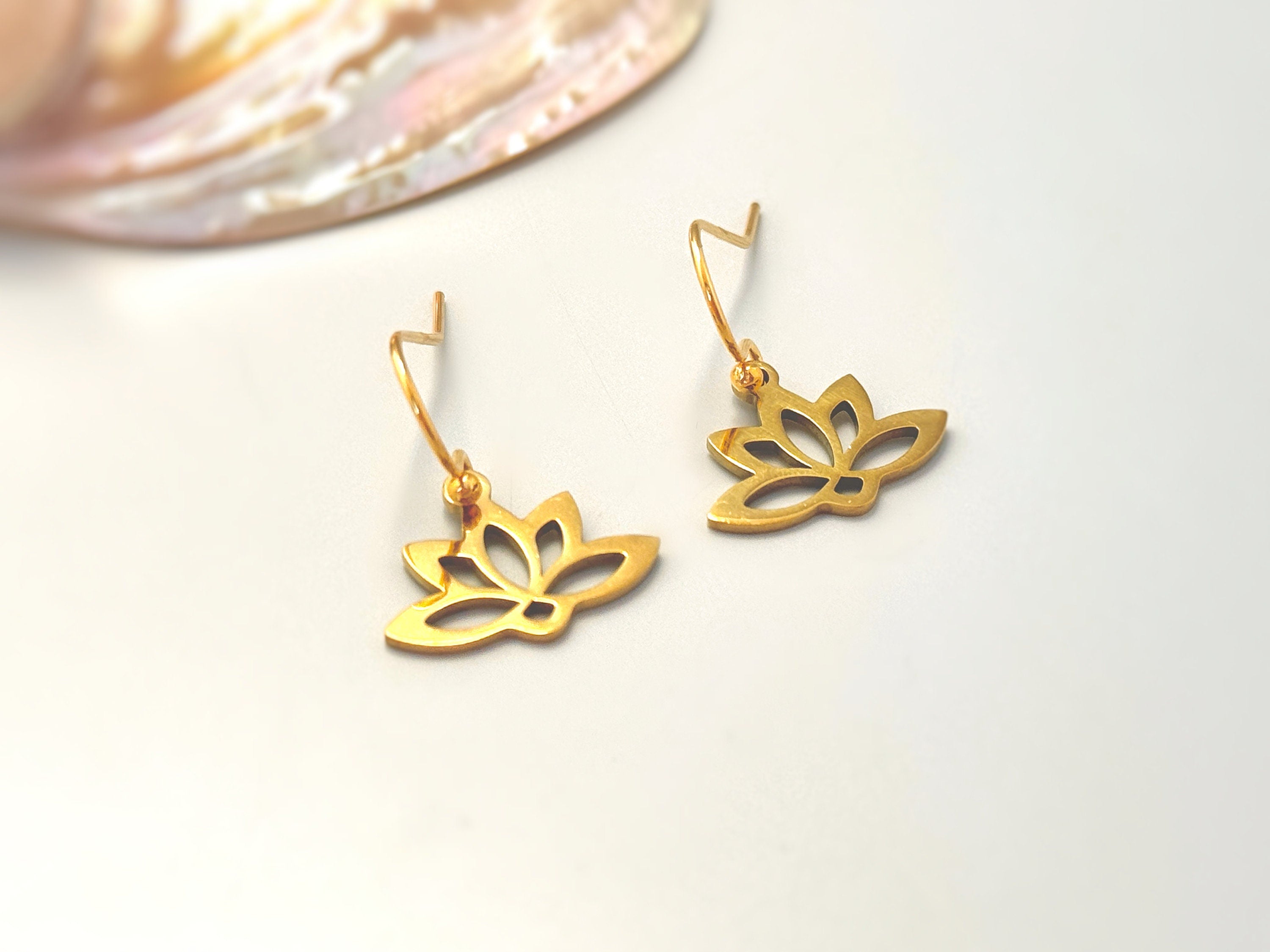 Gold Water Lily Flower Earrings dangle drop boh lotus handmade floral jewelry for summer July Birth Month flower nature jewelry gift