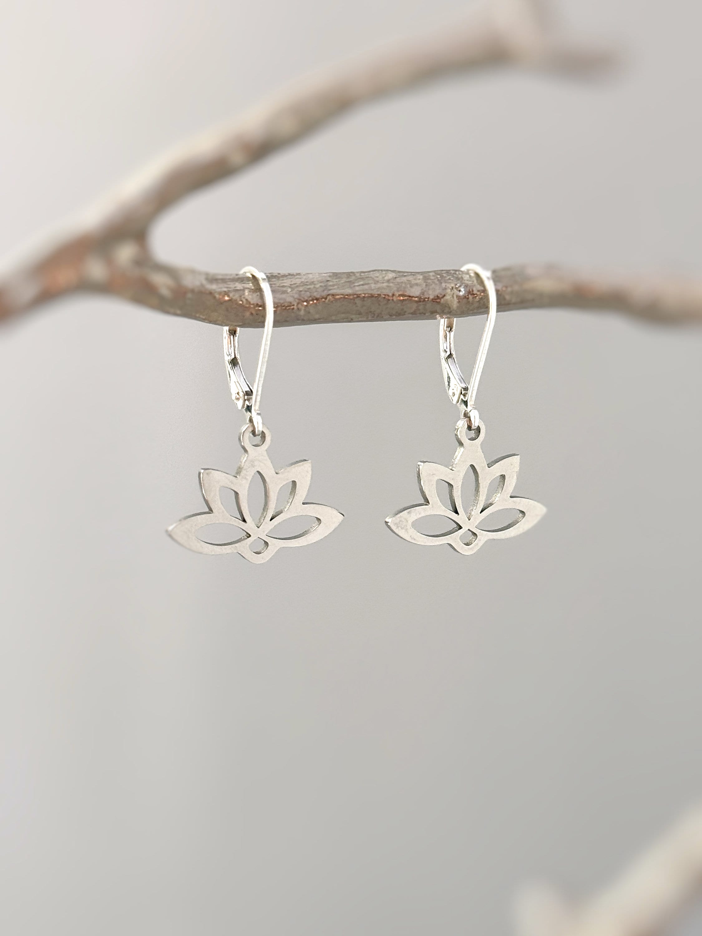 Lotus Earrings Huggie Hoops dangle Gold, Silver Water Lily jewelry