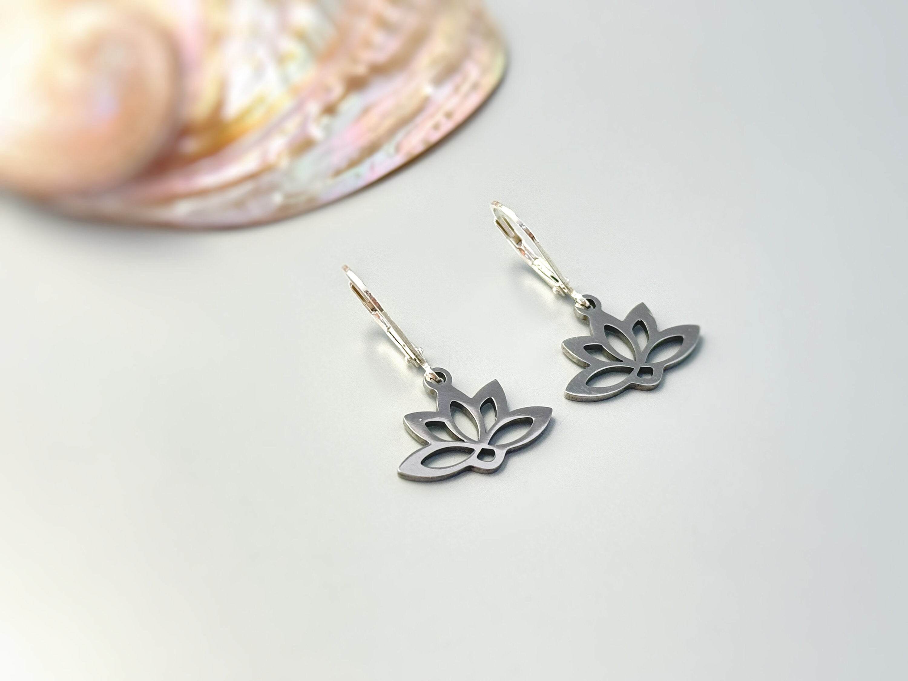 Lotus Earrings Huggie Hoops dangle Gold, Silver Water Lily jewelry