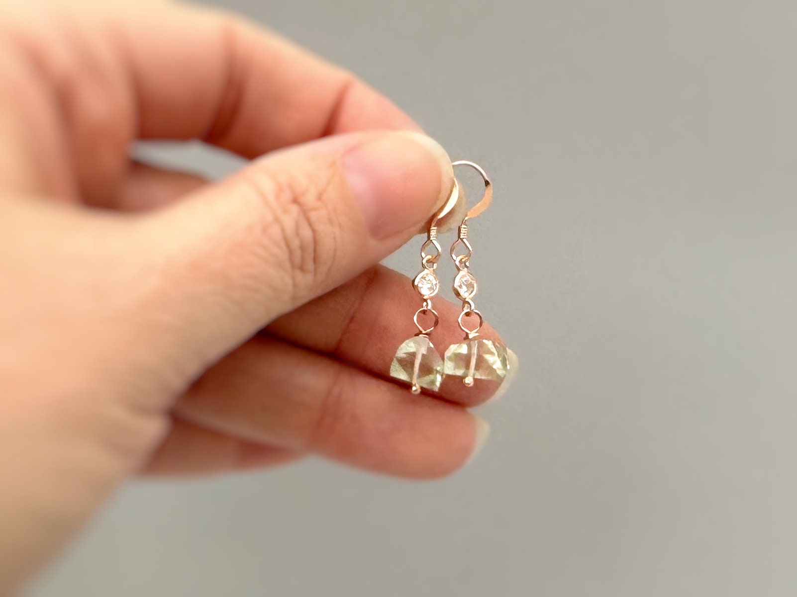 Dangly Green Amethyst Earrings Sterling Silver dainty raw gemstone crystal earrings Rose Gold, 14k Gold Handmade jewelry gift 14k Gold Fill