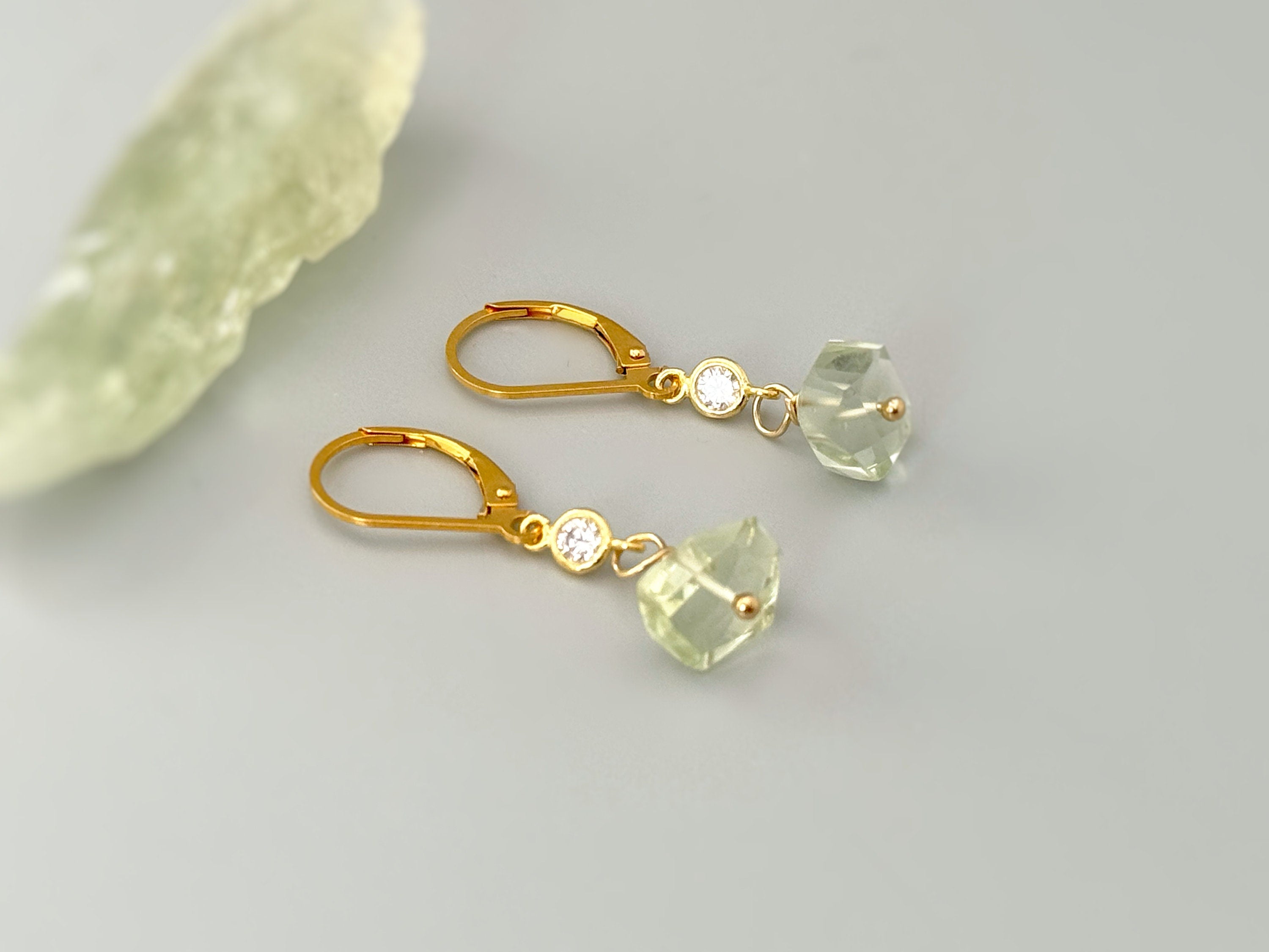 Dangly Green Amethyst Earrings Sterling Silver dainty raw gemstone crystal earrings Rose Gold, 14k Gold Handmade jewelry gift 14k Gold Fill