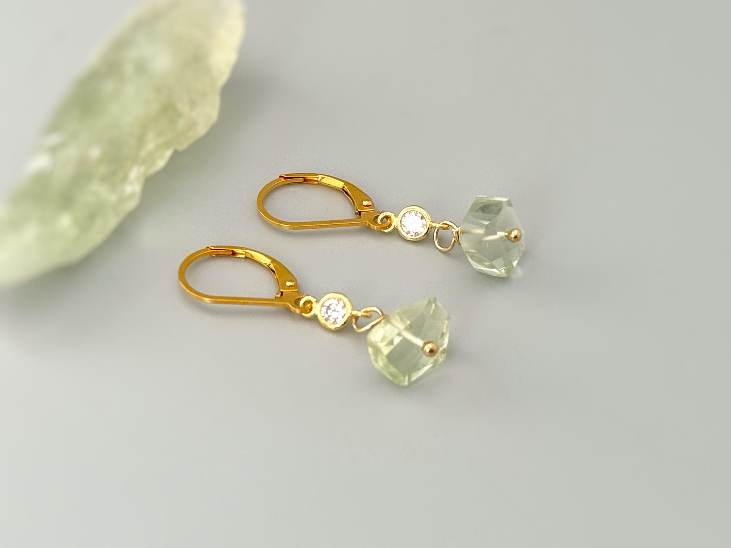 Dangly Green Amethyst Earrings dainty raw gemstone crystal earrings Rose Gold, Sterling Silver, 14k Gold Handmade jewelry gift 14k Gold Fill