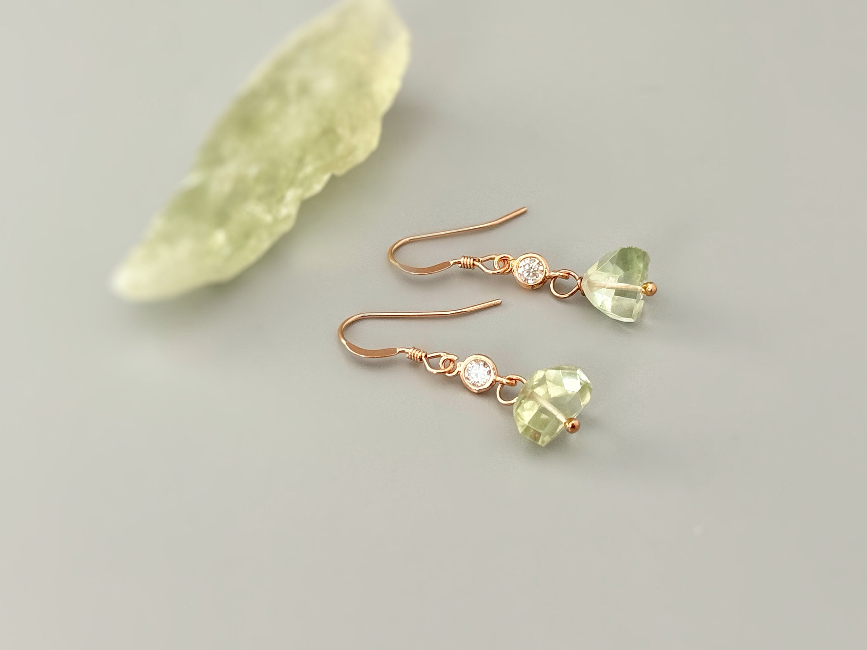 Dangly Green Amethyst Earrings dainty raw gemstone crystal earrings Rose Gold, Sterling Silver, 14k Gold Handmade jewelry gift 14k Gold Fill