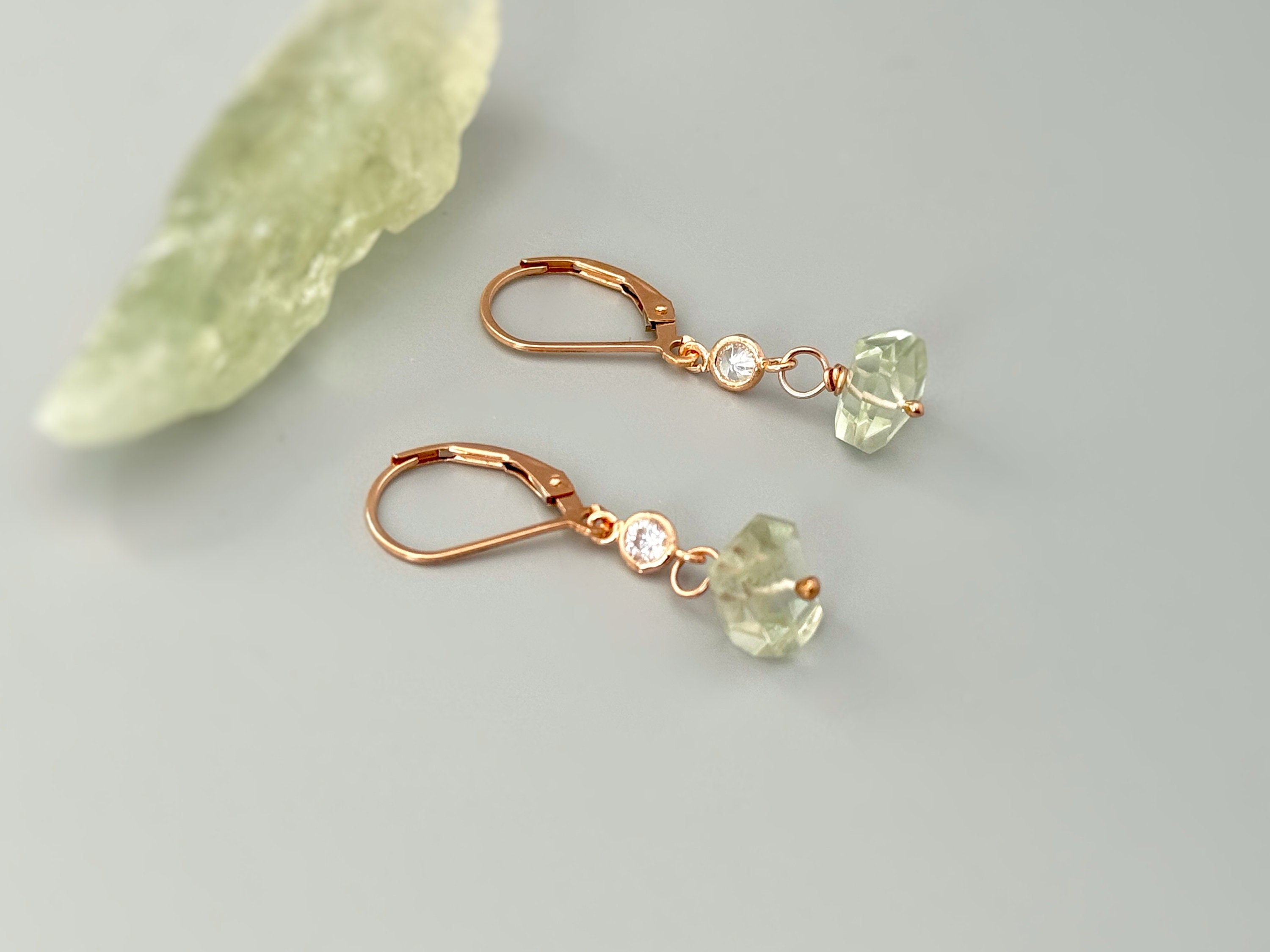 Dangly Green Amethyst Earrings Sterling Silver dainty raw gemstone crystal earrings Rose Gold, 14k Gold Handmade jewelry gift 14k Gold Fill