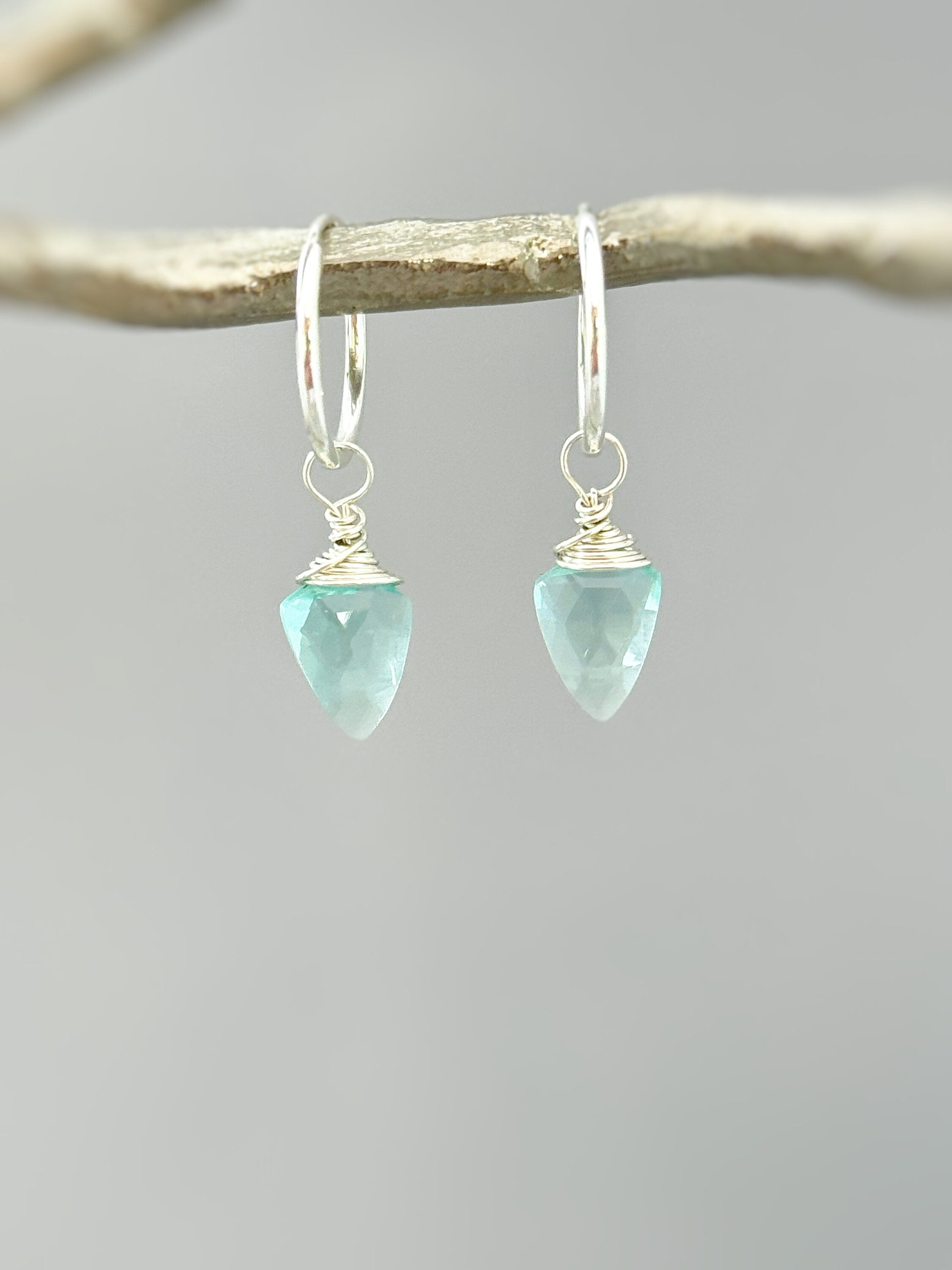 Aquamarine Earrings Dangle Huggie Hoops Sterling Silver, Rose Gold, 14k Gold Fill Handmade dainty raw gemstone crystal jewelry for mom